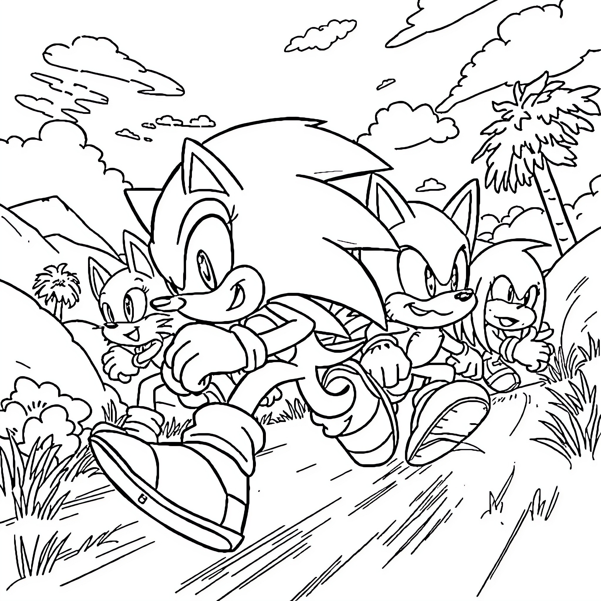 Sonic characters in an adventurous outdoor scene Coloring Page (free black-and-white line drawing printable PDF for all, from beginners to advanced learners, including children, teens, adults, and seniors)
