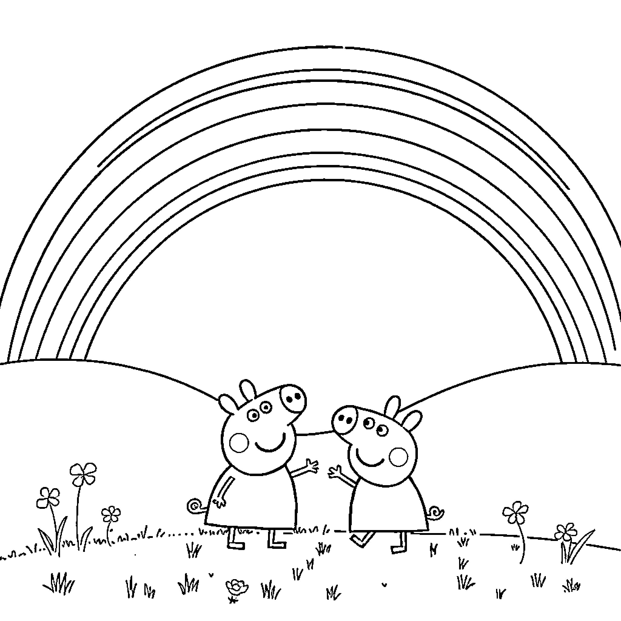 Peppa Pig characters playing in a field with rainbow Coloring Page (free black-and-white line drawing printable PDF for all, from beginners to advanced learners, including children, teens, adults, and seniors)