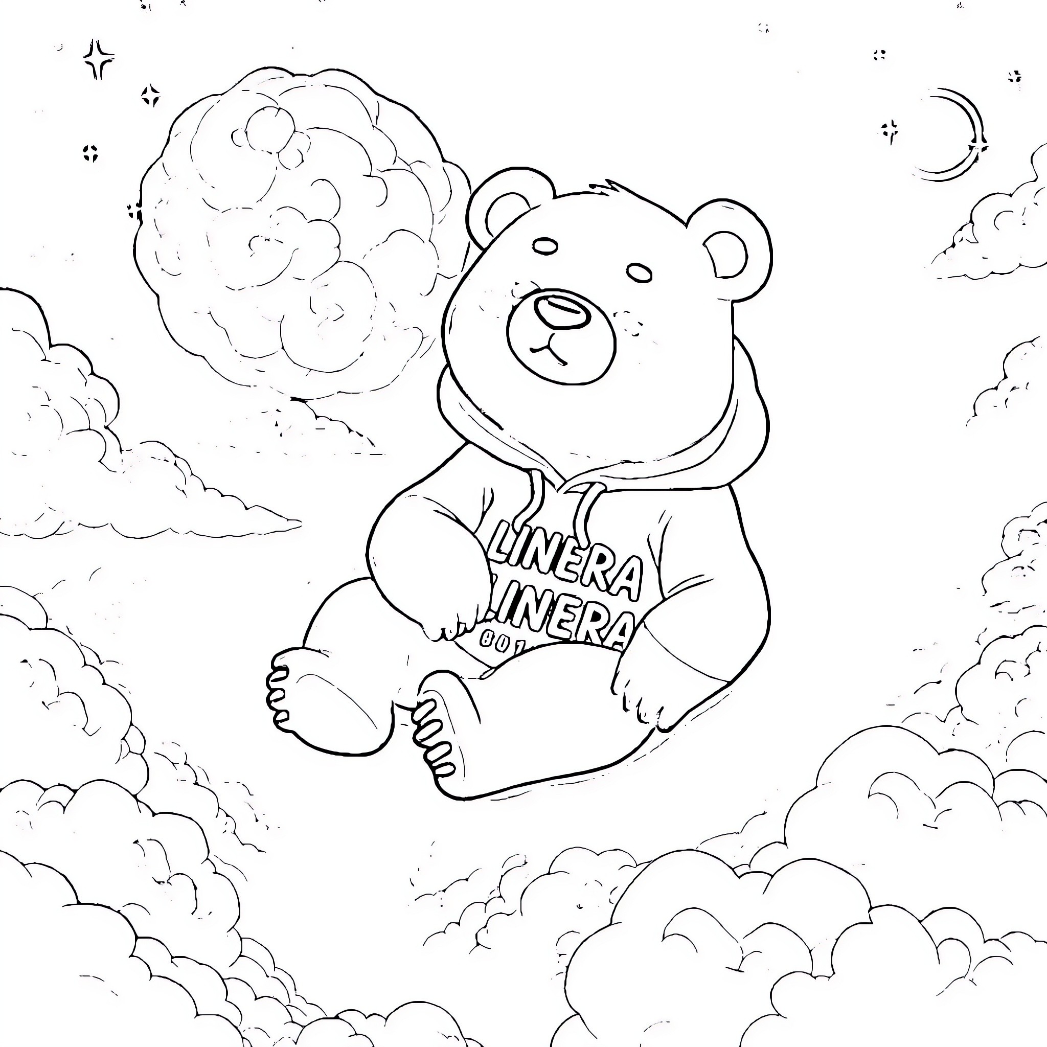 Bear floating among the clouds Coloring Page (free black-and-white line drawing printable PDF for all, from beginners to advanced learners, including children, teens, adults, and seniors)
