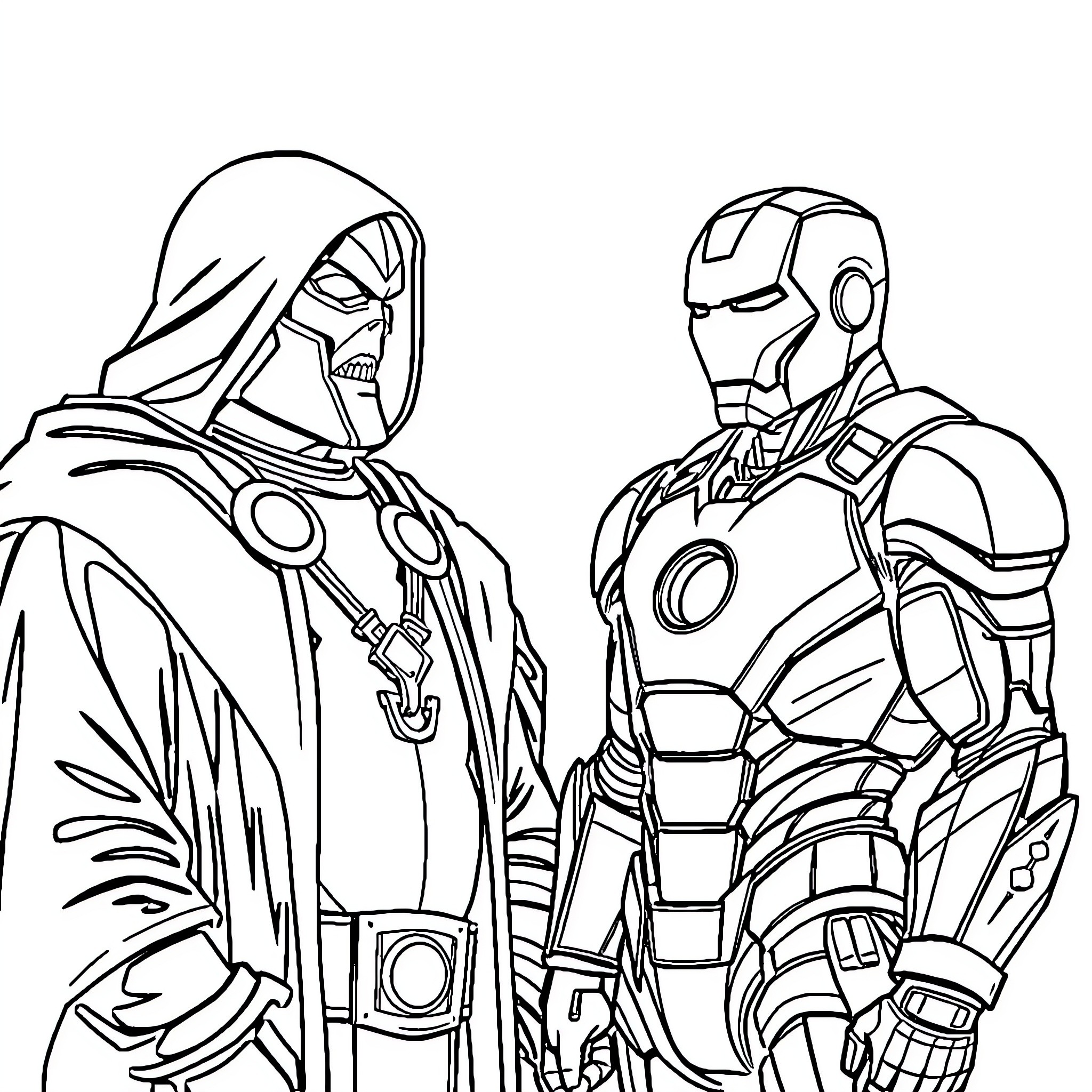 Superhero cyborg duo in dramatic poses Coloring Page (free black-and-white line drawing printable PDF for all, from beginners to advanced learners, including children, teens, adults, and seniors)