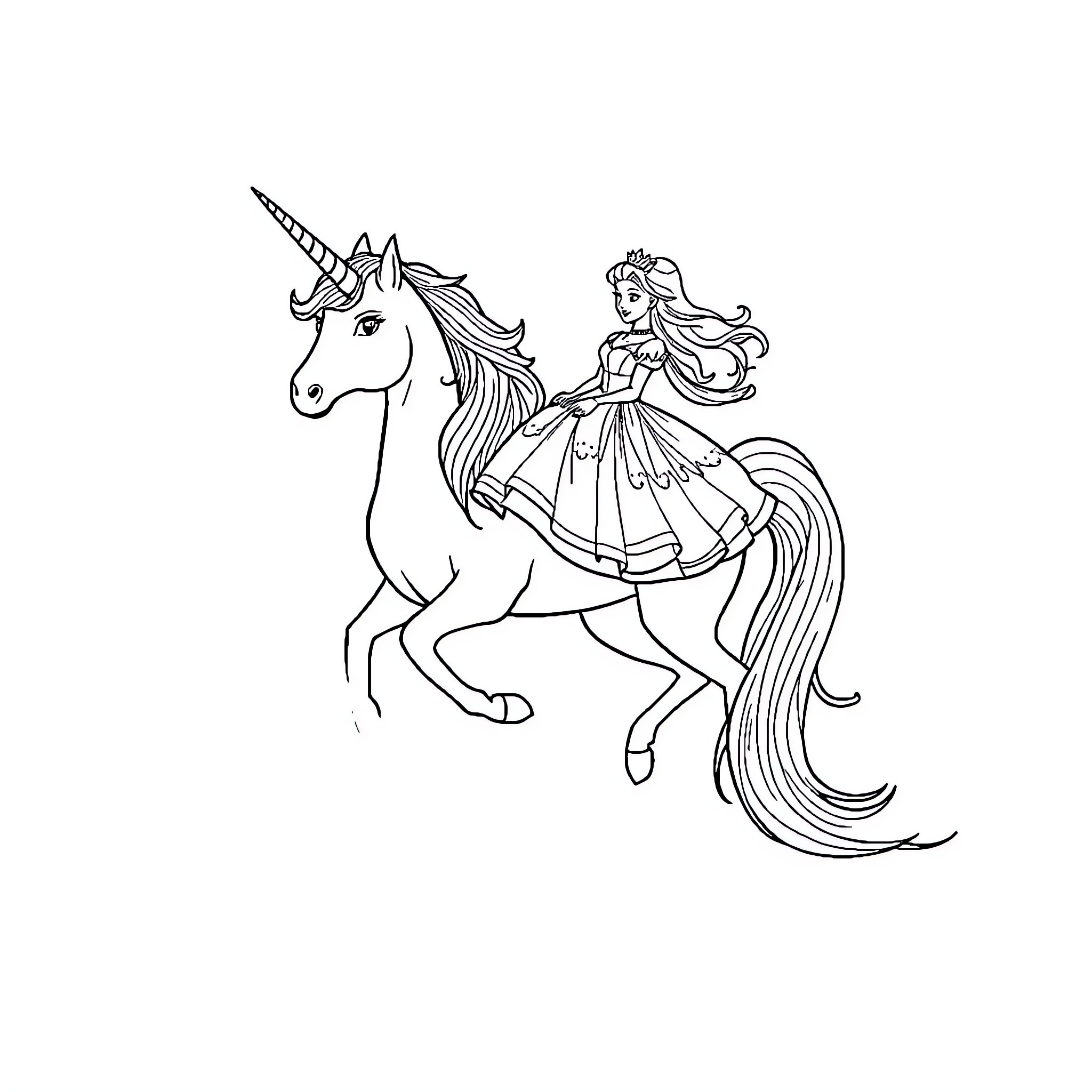 Unicorn carrying a Princess on a grand journey Coloring Page (free black-and-white line drawing printable PDF for all, from beginners to advanced learners, including children, teens, adults, and seniors)