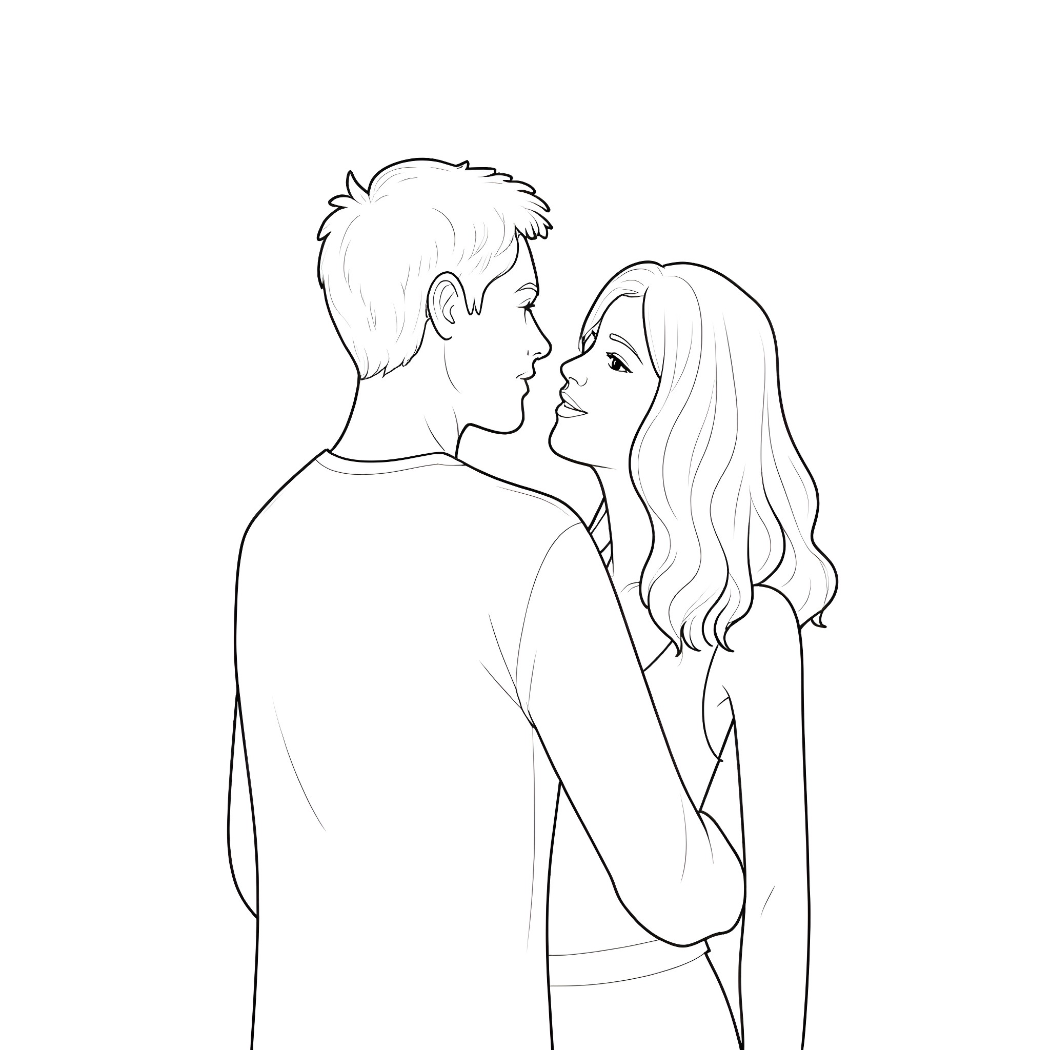 Couple sharing a loving moment Coloring Page (free black-and-white line drawing printable PDF for all, from beginners to advanced learners, including children, teens, adults, and seniors)
