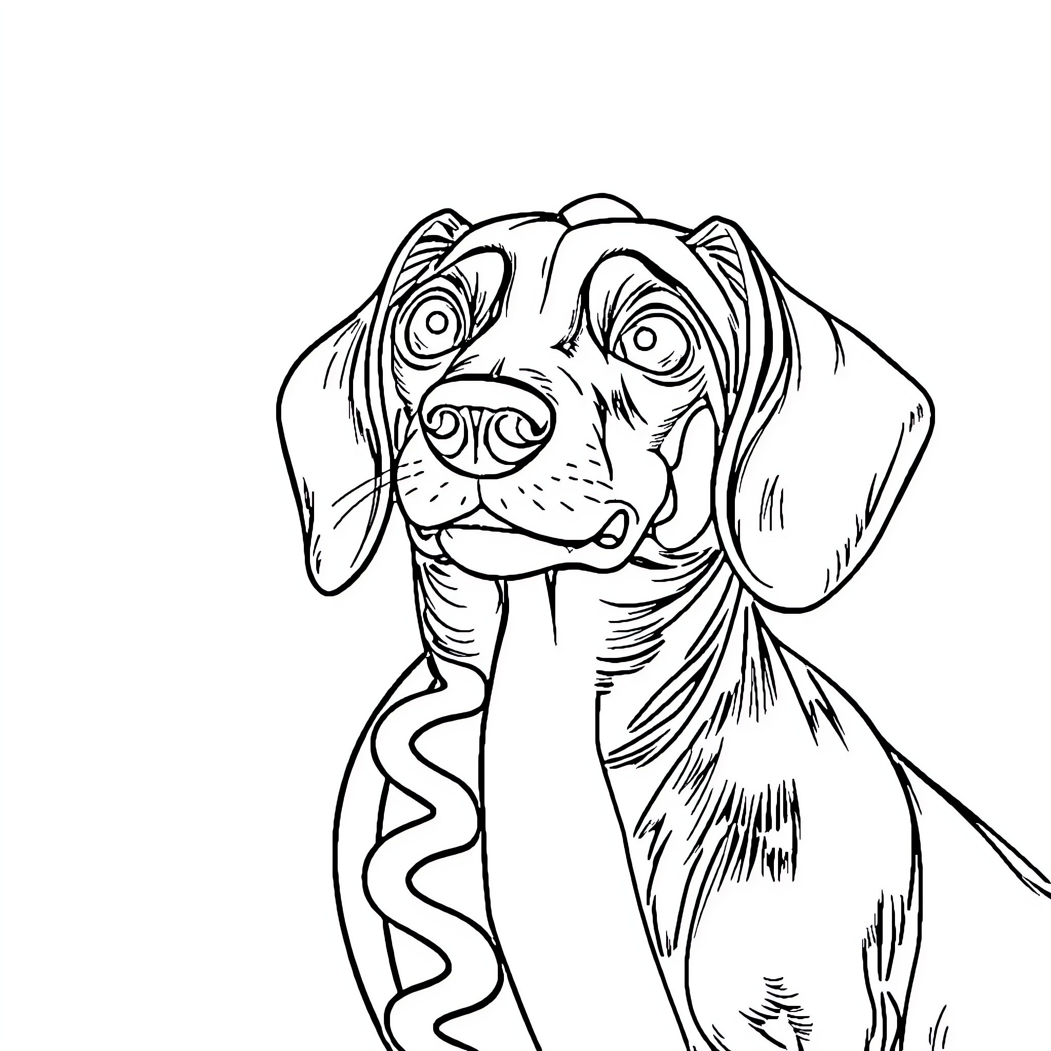 Dachshund gazing curiously at the viewer Coloring Page (free black-and-white line drawing printable PDF for all, from beginners to advanced learners, including children, teens, adults, and seniors)