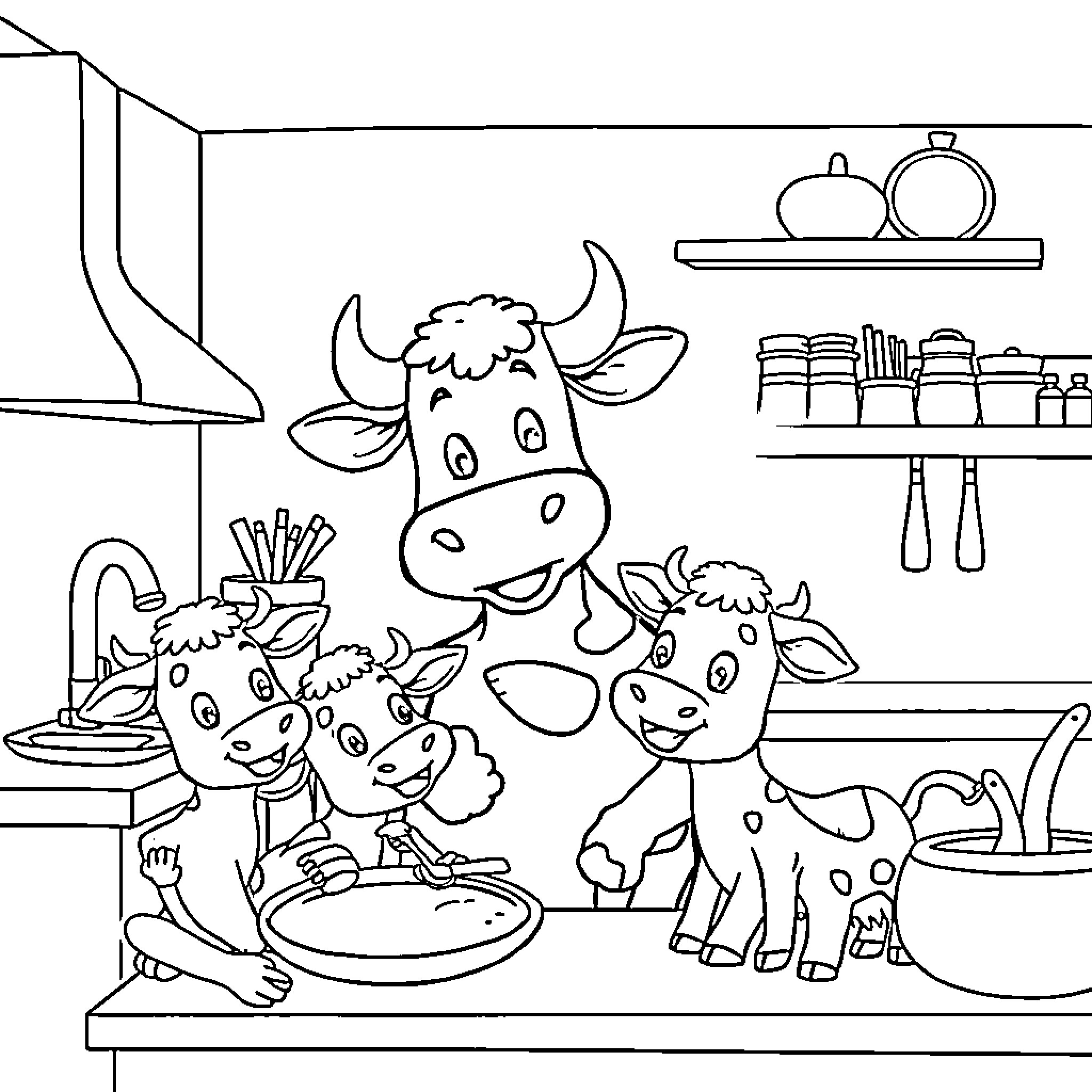 Cow family cooking in the kitchen Coloring Page (free black-and-white line drawing printable PDF for all, from beginners to advanced learners, including children, teens, adults, and seniors)
