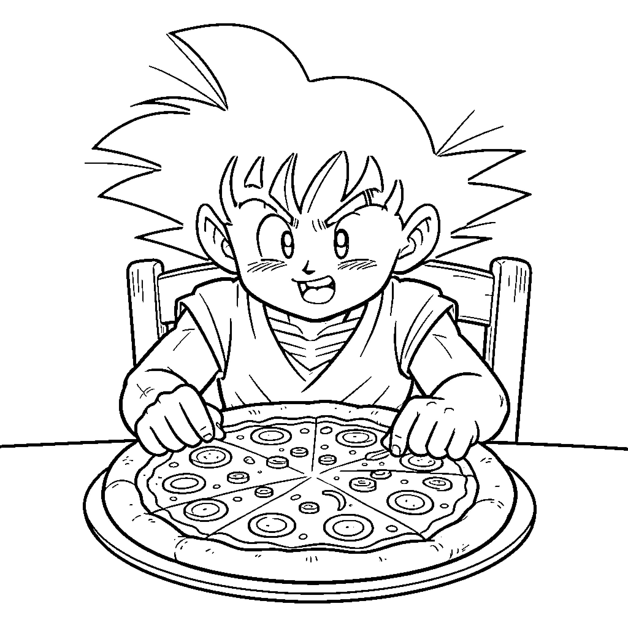 Dragon character eating a large pizza at a table Coloring Page (free black-and-white line drawing printable PDF for all, from beginners to advanced learners, including children, teens, adults, and seniors)