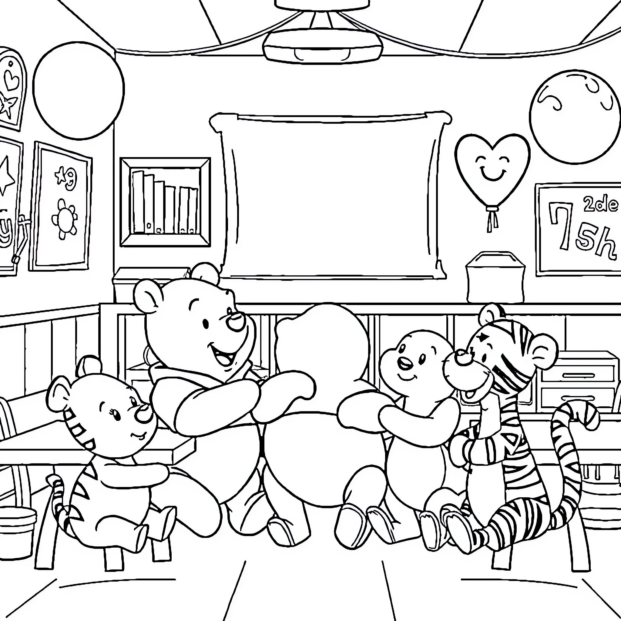 Winnie The Pooh and Friends Playing in the Room Coloring Page (free black-and-white line drawing printable PDF for all, from beginners to advanced learners, including children, teens, adults, and seniors)