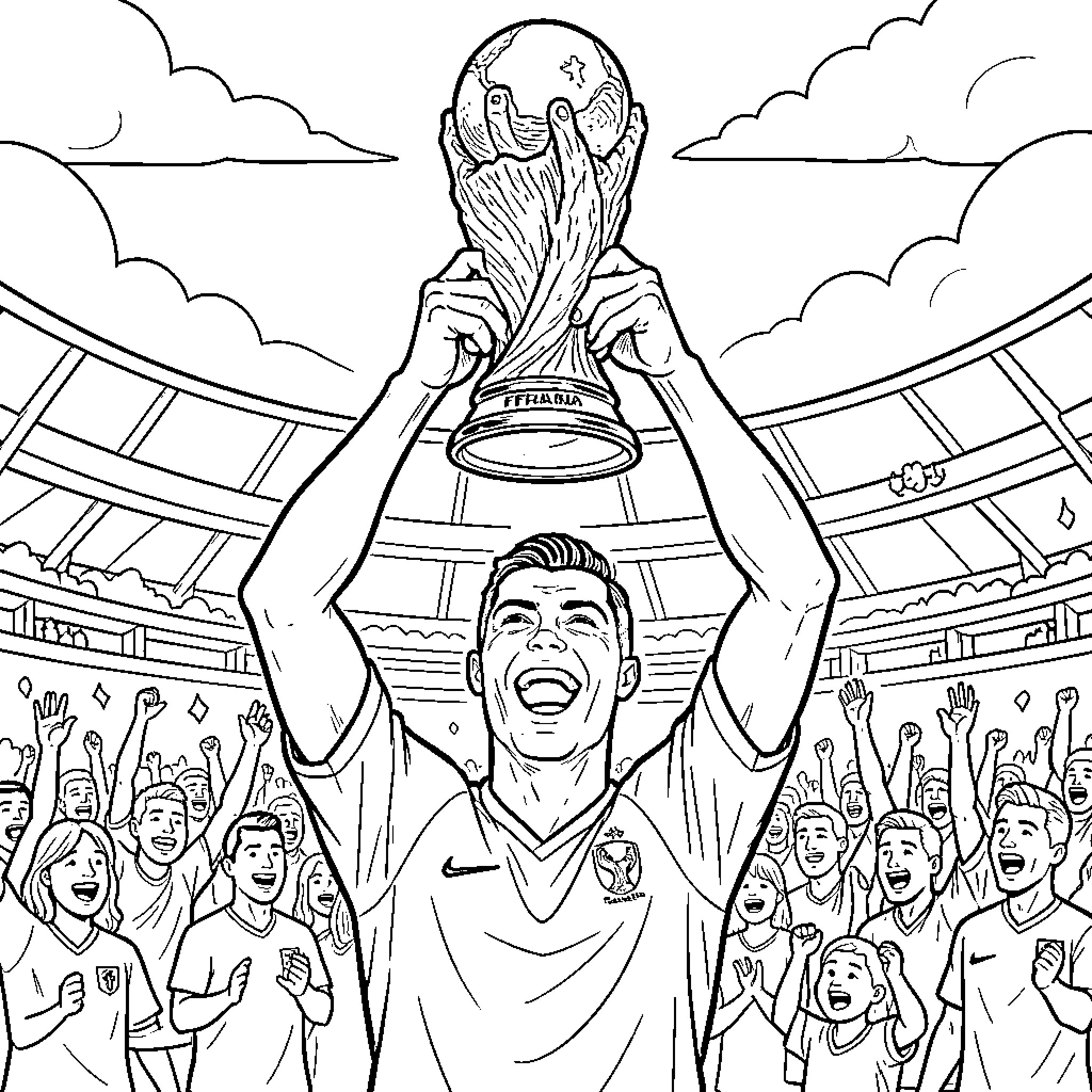 Cristiano Ronaldo celebrating while holding a trophy Coloring Page (free black-and-white line drawing printable PDF for all, from beginners to advanced learners, including children, teens, adults, and seniors)