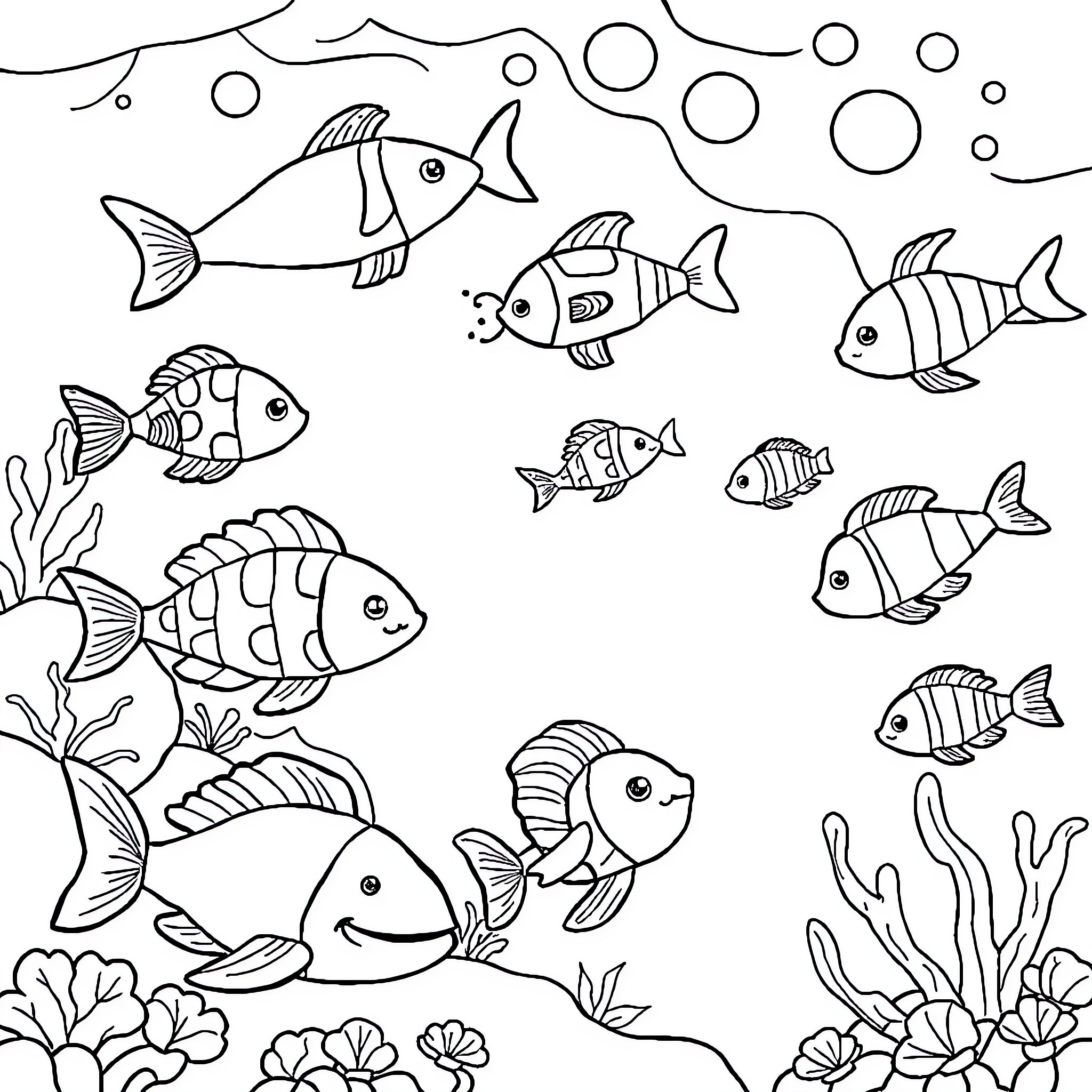 Sea Creature Underwater Adventure with Playful Fish Coloring Page (free black-and-white line drawing printable PDF for all, from beginners to advanced learners, including children, teens, adults, and seniors)
