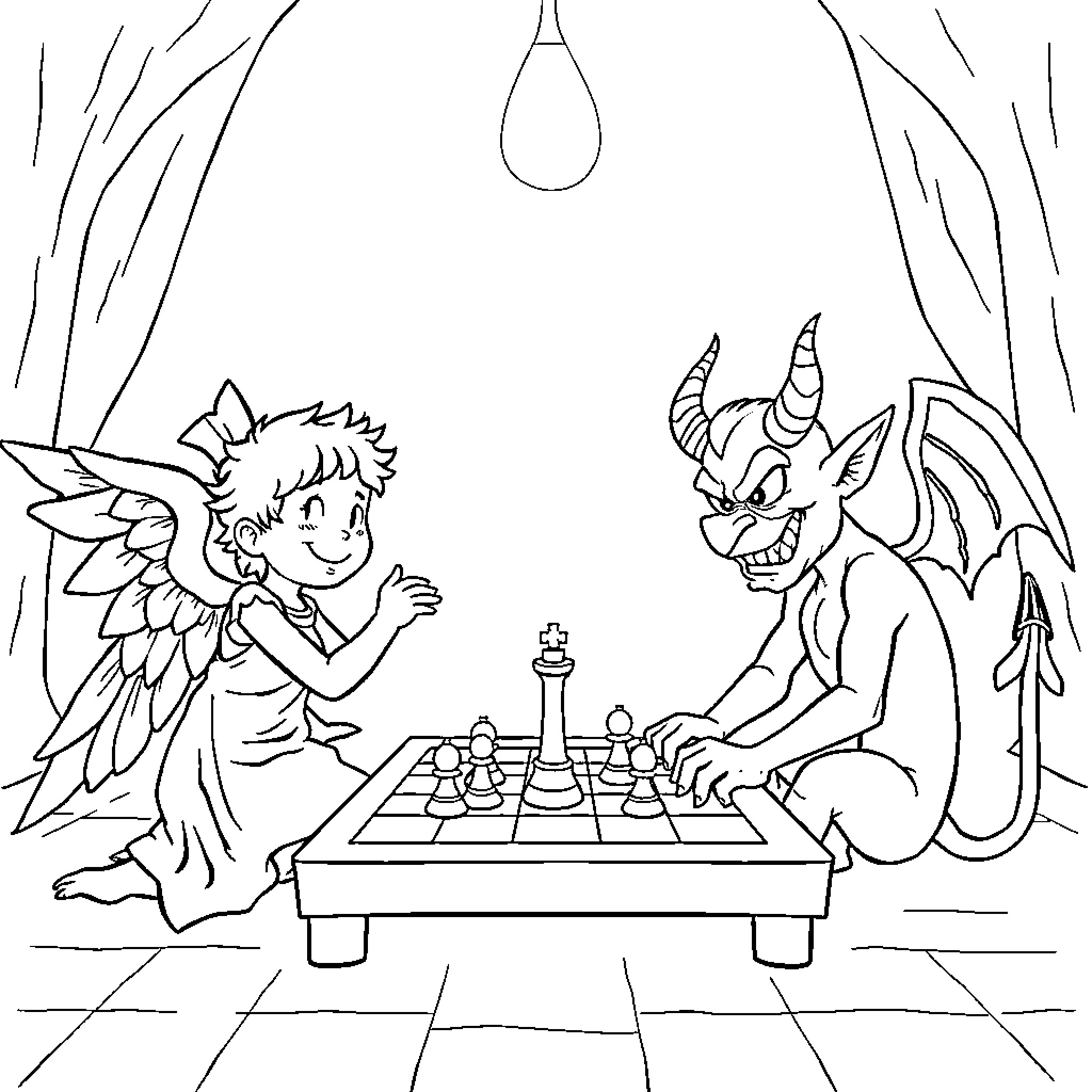 Angel and Demon Playing Chess Coloring Page (free black-and-white line drawing printable PDF for all, from beginners to advanced learners, including children, teens, adults, and seniors)