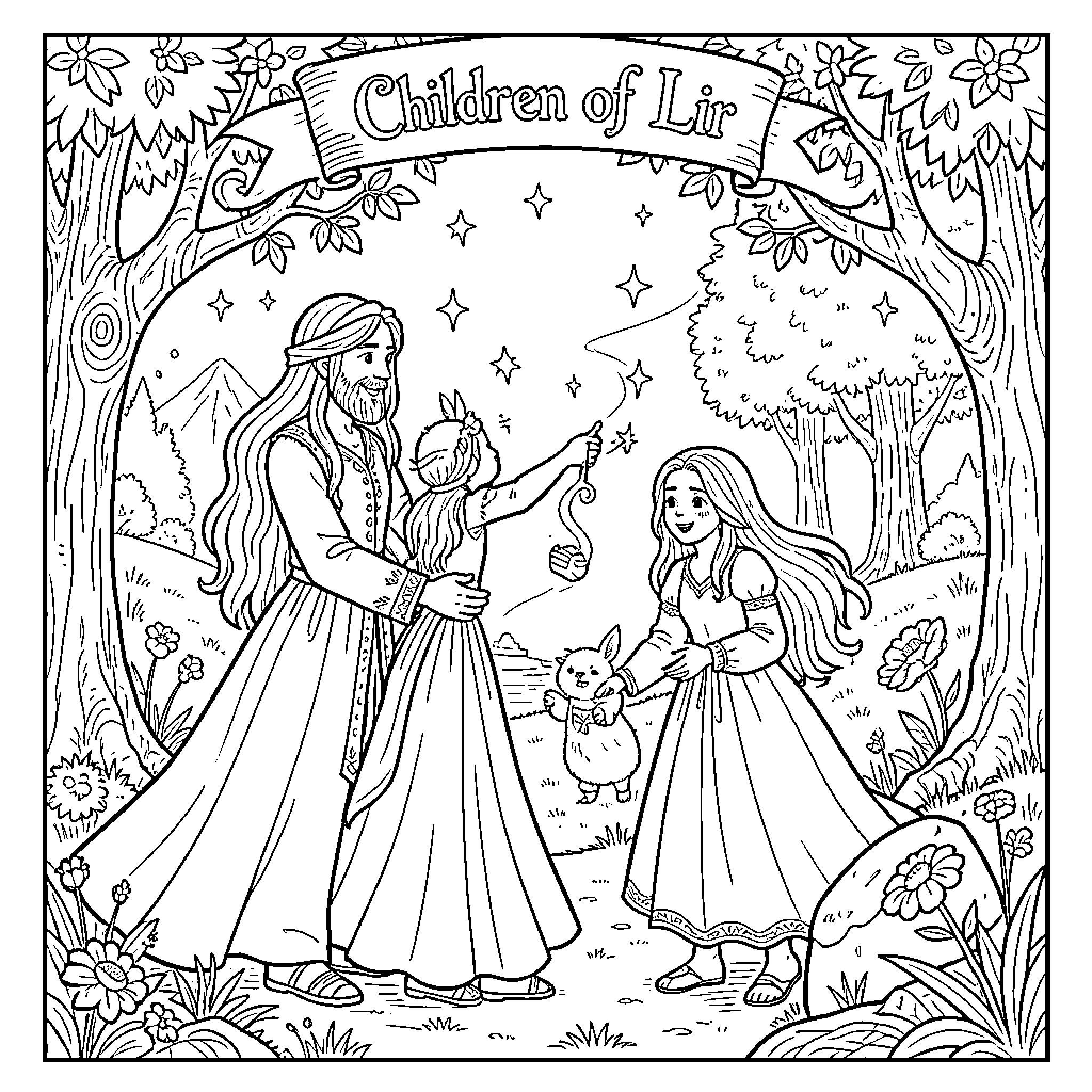 Children of Lir: Family portrait in nature's embrace Coloring Page (free black-and-white line drawing printable PDF for all, from beginners to advanced learners, including children, teens, adults, and seniors)