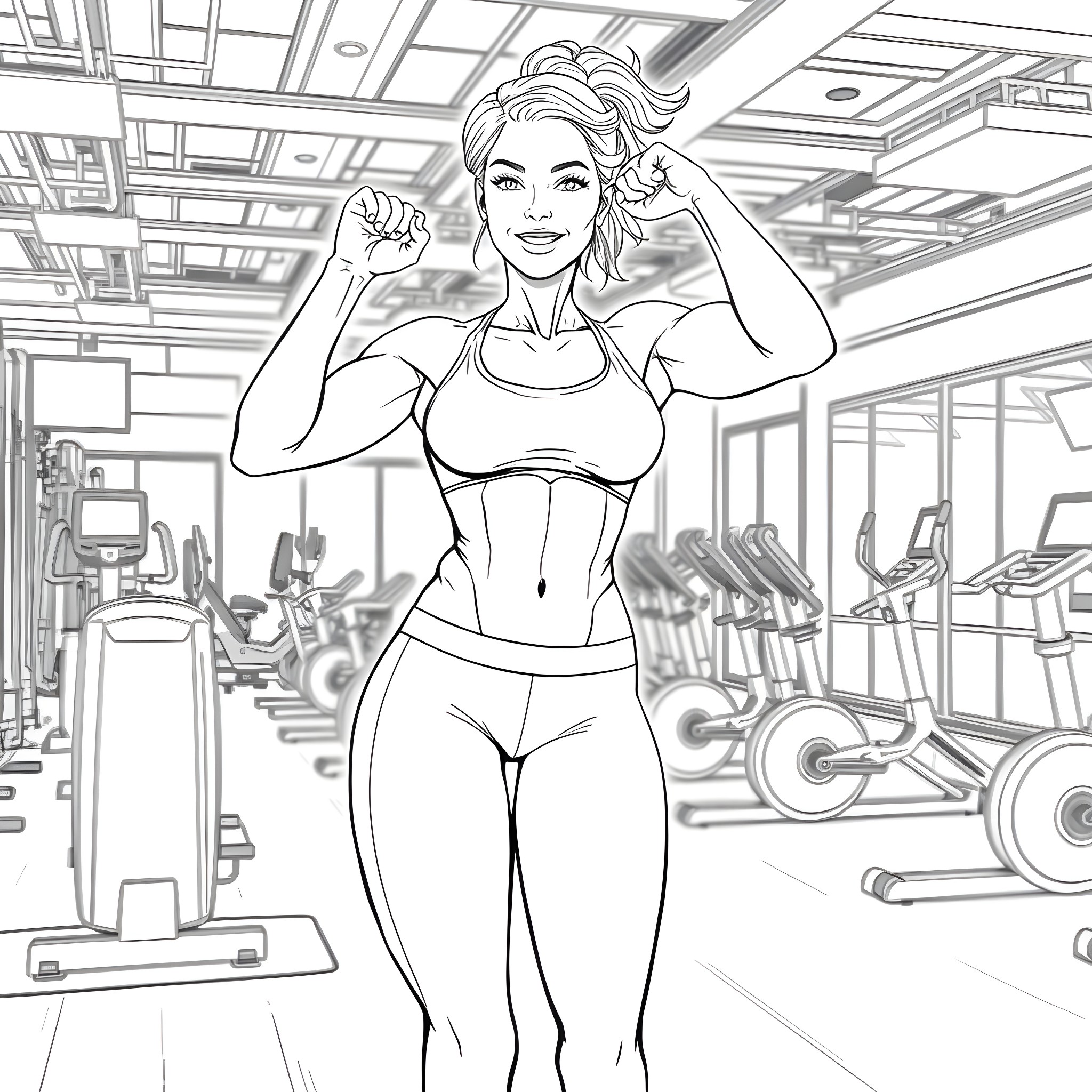 Socke's Fit and Confident Workout in the Gym Coloring Page (free black-and-white line drawing printable PDF for all, from beginners to advanced learners, including children, teens, adults, and seniors)