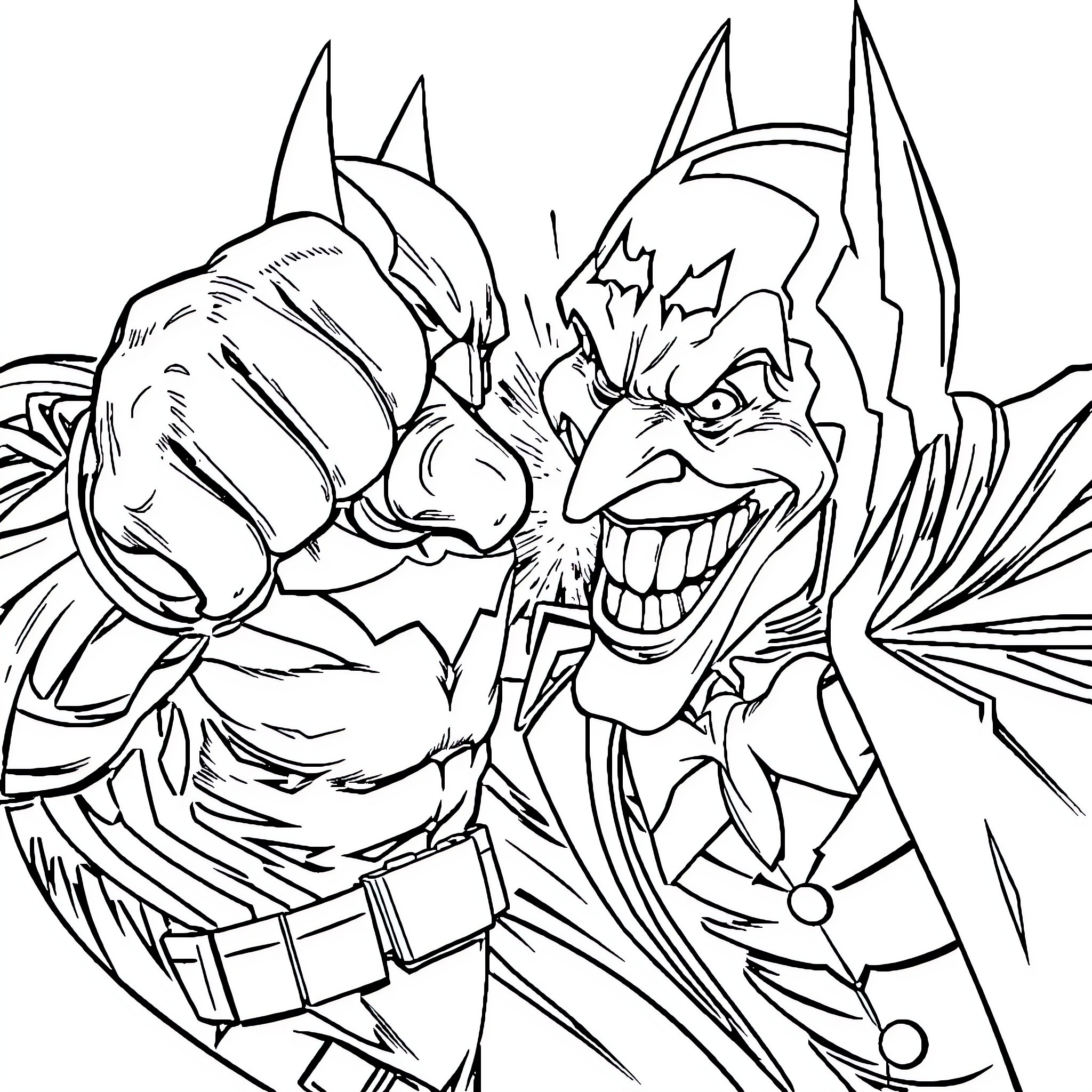 Batman battling a sinister villain in a dramatic scene Coloring Page (free black-and-white line drawing printable PDF for all, from beginners to advanced learners, including children, teens, adults, and seniors)