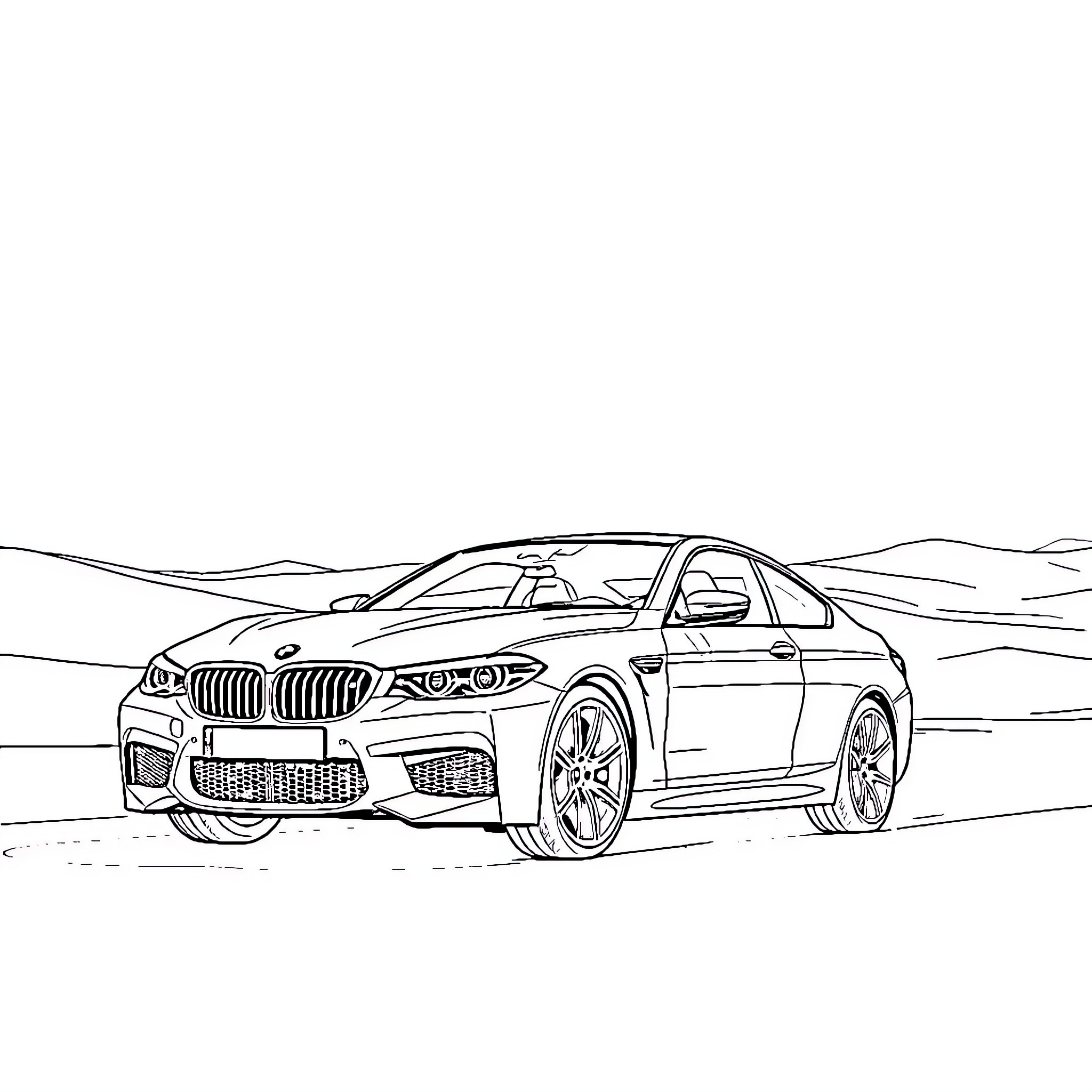 Imrane's sleek and powerful sedan in the desert landscape Coloring Page (free black-and-white line drawing printable PDF for all, from beginners to advanced learners, including children, teens, adults, and seniors)