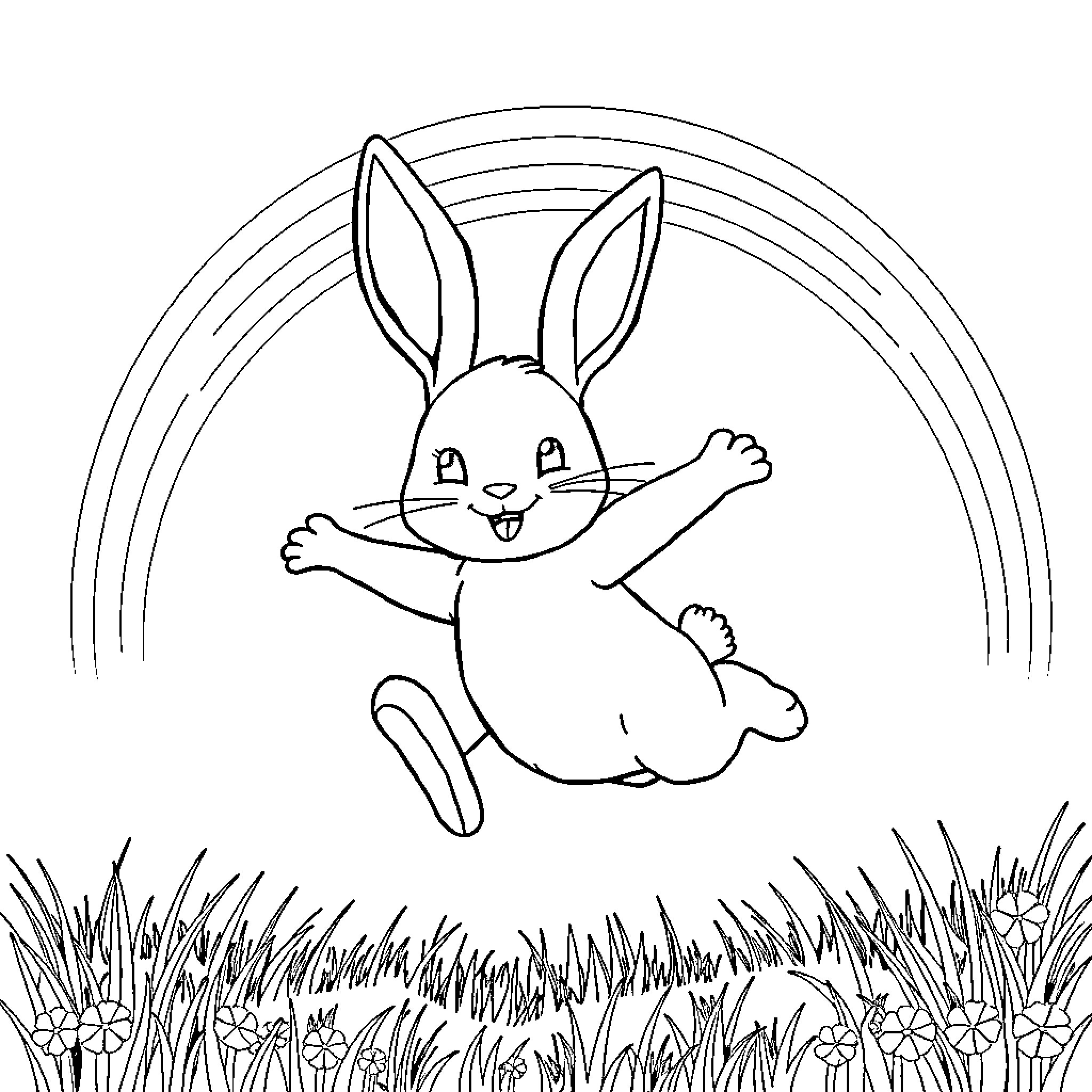 Bunny jumping joyfully in the meadow Coloring Page (free black-and-white line drawing printable PDF for all, from beginners to advanced learners, including children, teens, adults, and seniors)