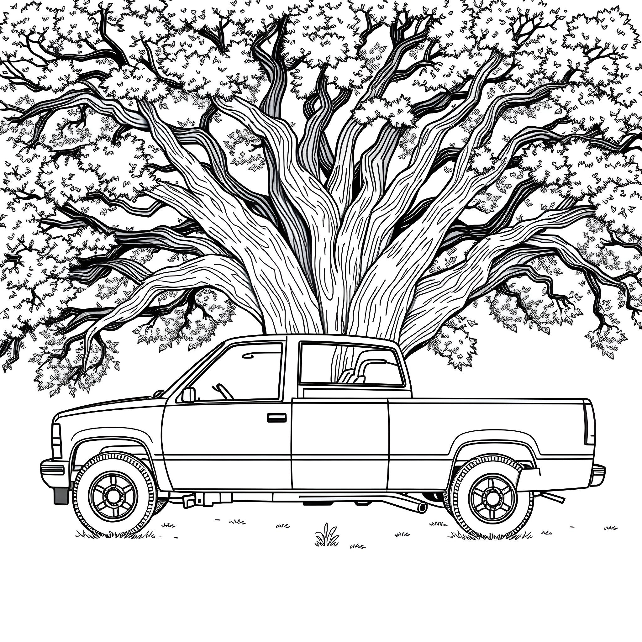 Chevy Truck Parked Under Blooming Tree Coloring Page (free black-and-white line drawing printable PDF for all, from beginners to advanced learners, including children, teens, adults, and seniors)