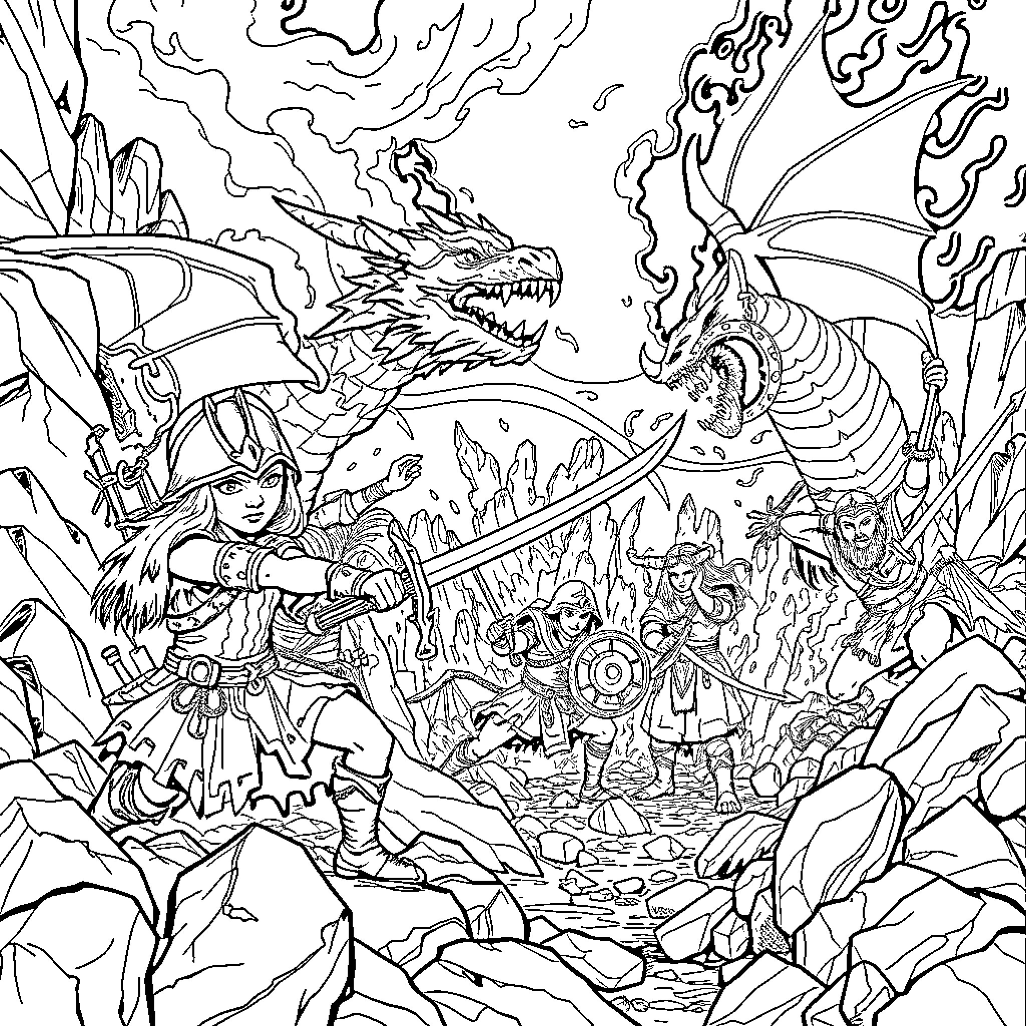 Elf warrior battles fantastical creatures in perilous landscape Coloring Page (free black-and-white line drawing printable PDF for all, from beginners to advanced learners, including children, teens, adults, and seniors)