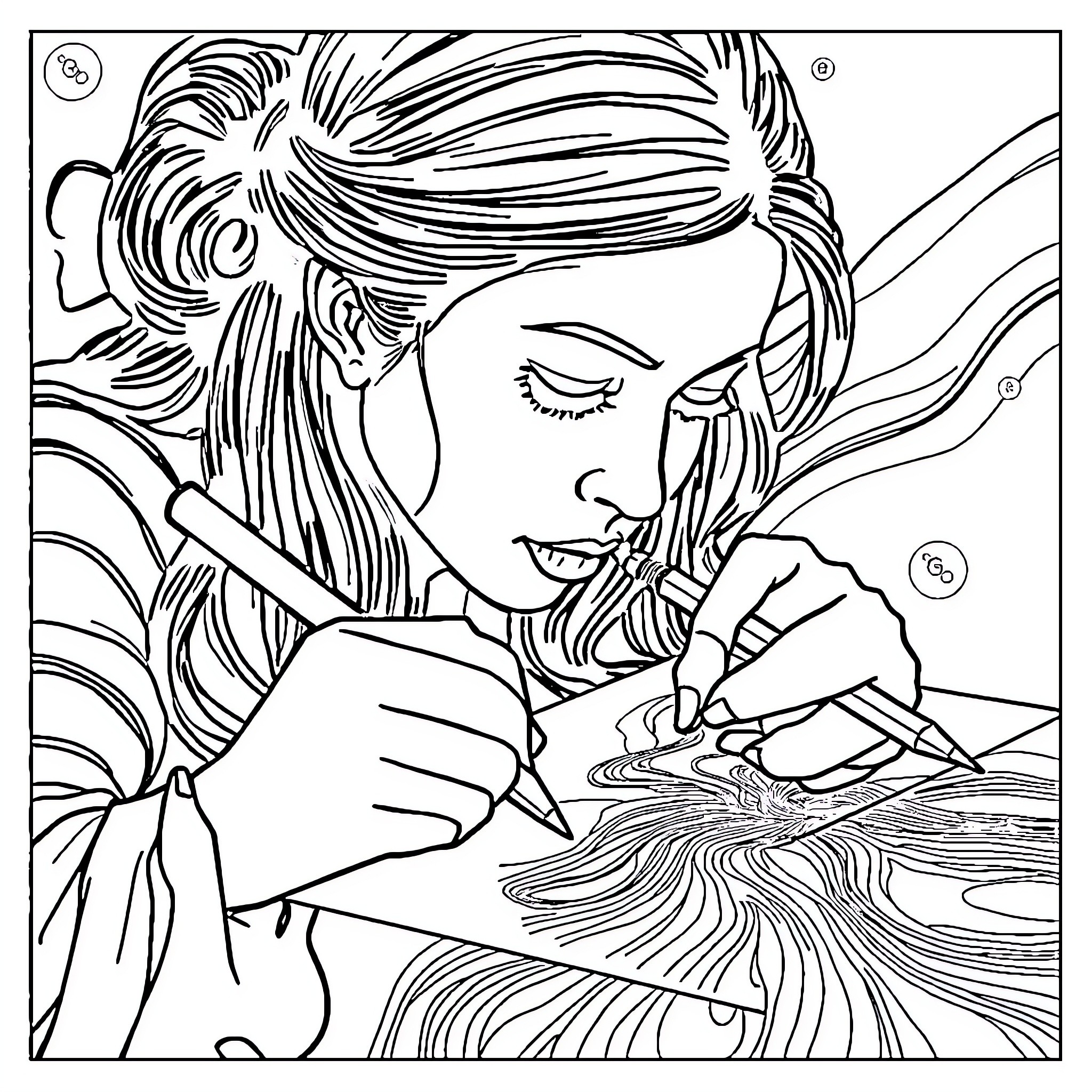 Mariel's Artistic Passion Coloring Page (free black-and-white line drawing printable PDF for all, from beginners to advanced learners, including children, teens, adults, and seniors)