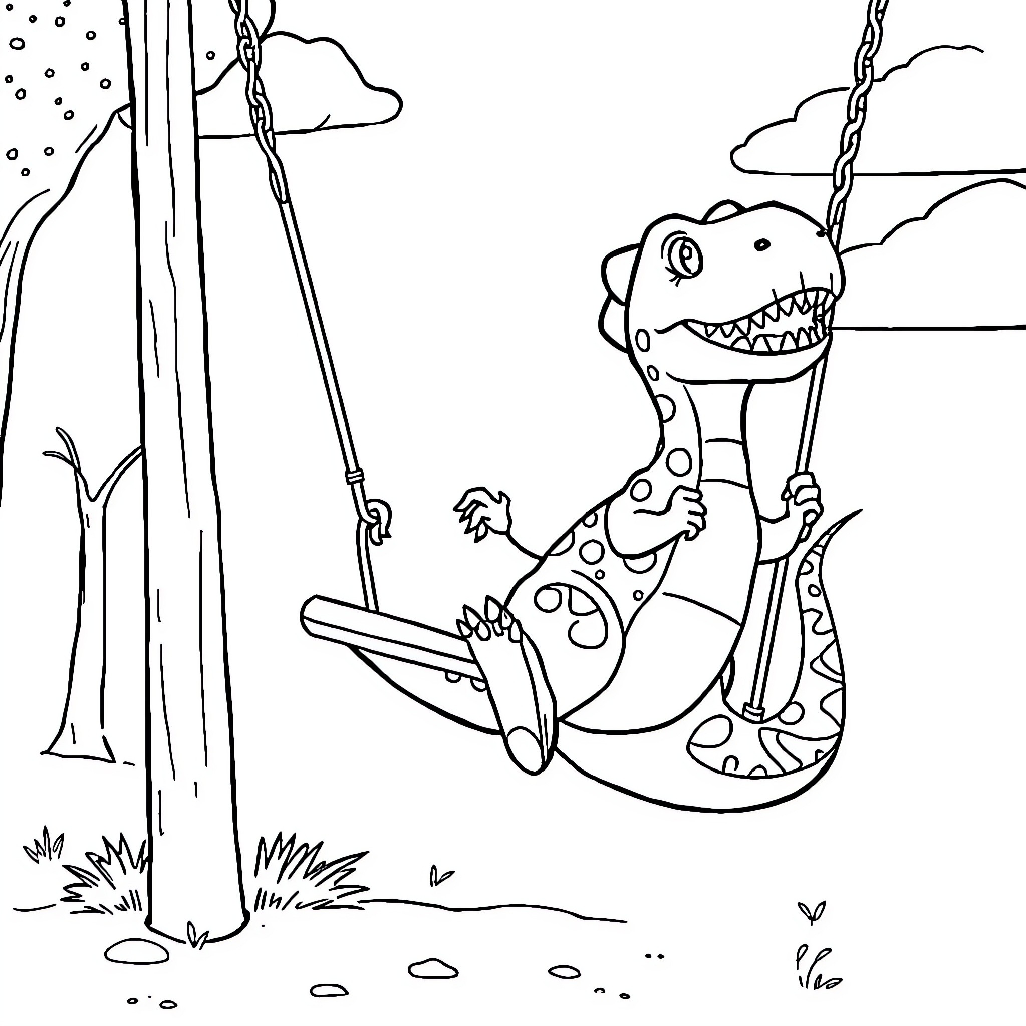 Dinosaur swinging happily on a rope swing Coloring Page (free black-and-white line drawing printable PDF for all, from beginners to advanced learners, including children, teens, adults, and seniors)