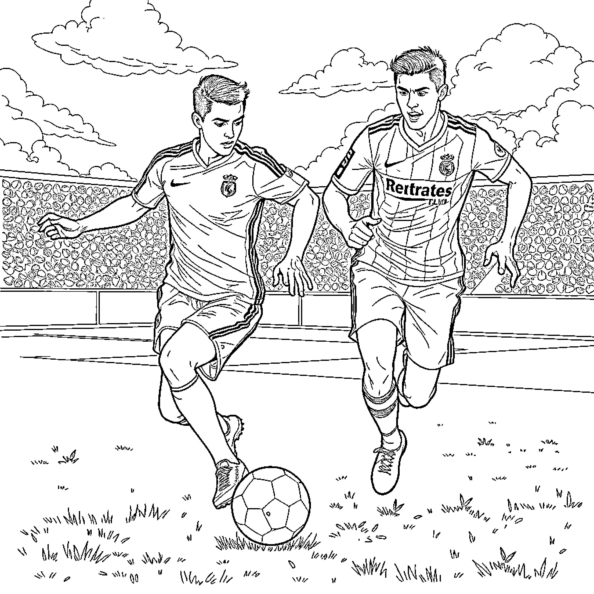 Dracafeu: Soccer players battling for the ball on the field Coloring Page (free black-and-white line drawing printable PDF for all, from beginners to advanced learners, including children, teens, adults, and seniors)