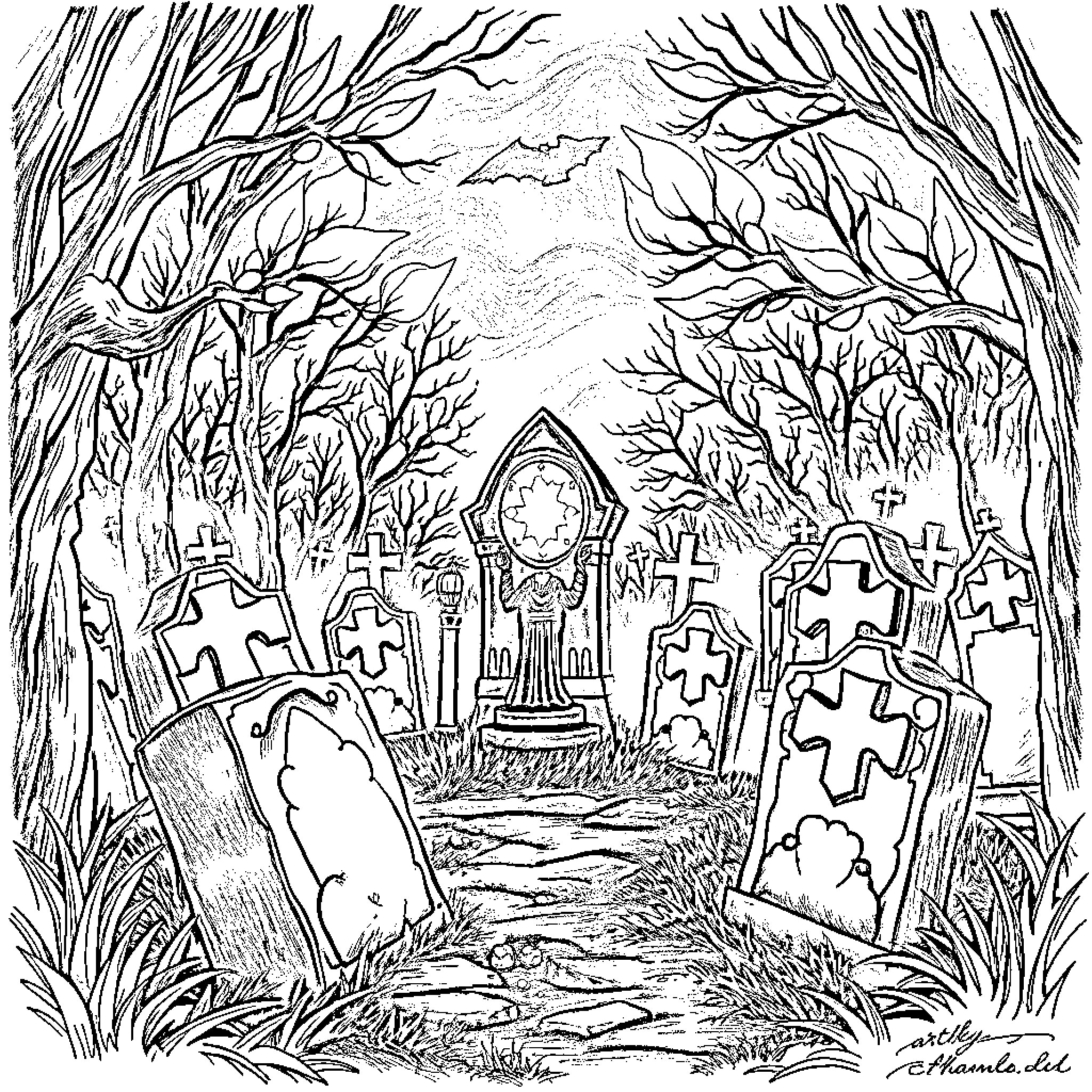 Jewel of the Haunted Forest Coloring Page (free black-and-white line drawing printable PDF for all, from beginners to advanced learners, including children, teens, adults, and seniors)