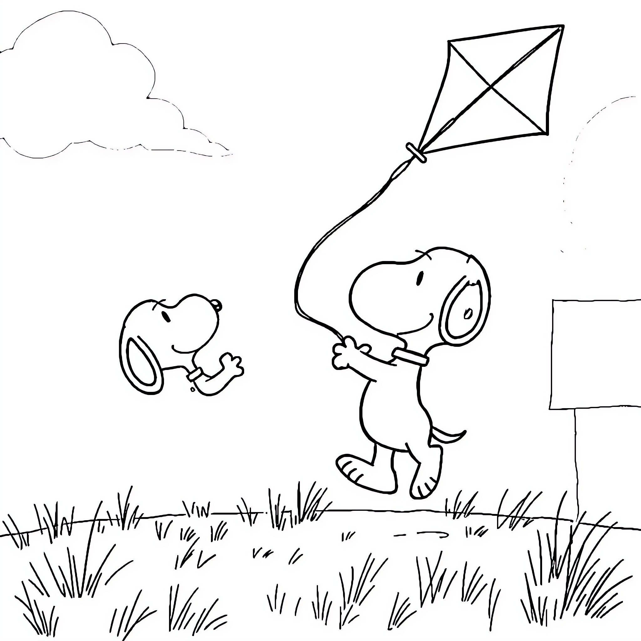 Snoopy flying a kite on a grassy field Coloring Page (free black-and-white line drawing printable PDF for all, from beginners to advanced learners, including children, teens, adults, and seniors)
