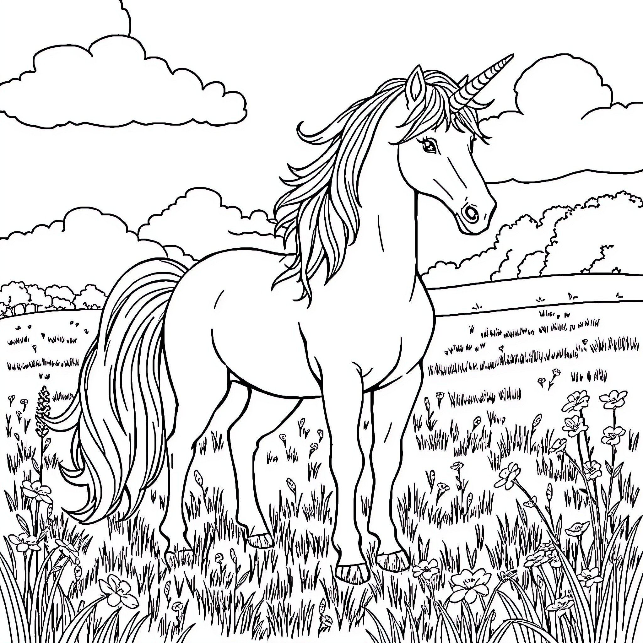 Unicorn standing in a meadow with clouds Coloring Page (free black-and-white line drawing printable PDF for all, from beginners to advanced learners, including children, teens, adults, and seniors)