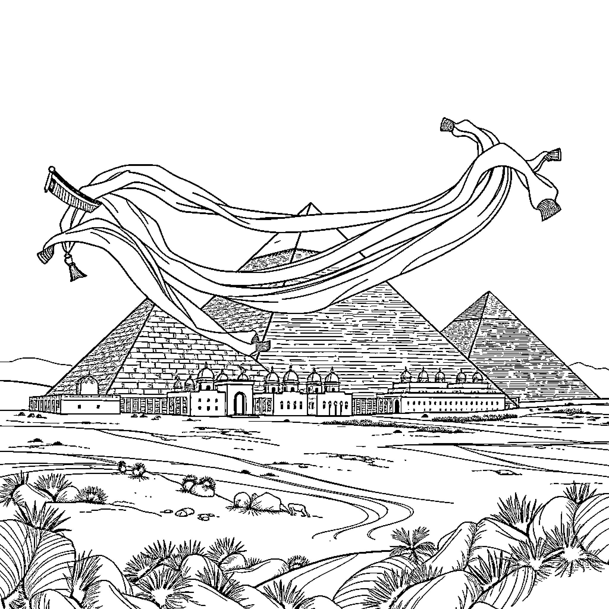Hieroglyphics of a mystical Egyptian landscape Coloring Page (free black-and-white line drawing printable PDF for all, from beginners to advanced learners, including children, teens, adults, and seniors)