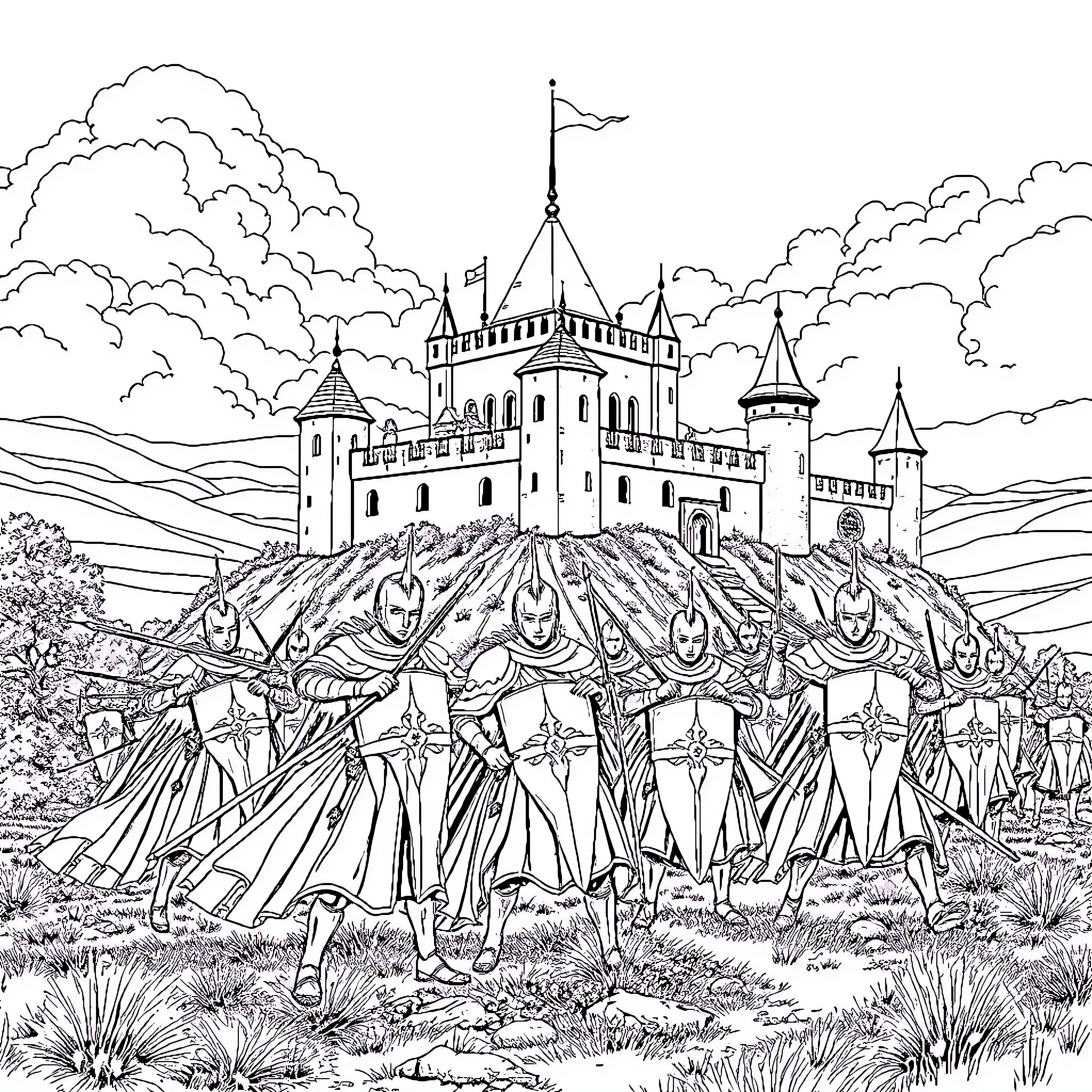 Knight's March to the Majestic Castle Coloring Page (free black-and-white line drawing printable PDF for all, from beginners to advanced learners, including children, teens, adults, and seniors)
