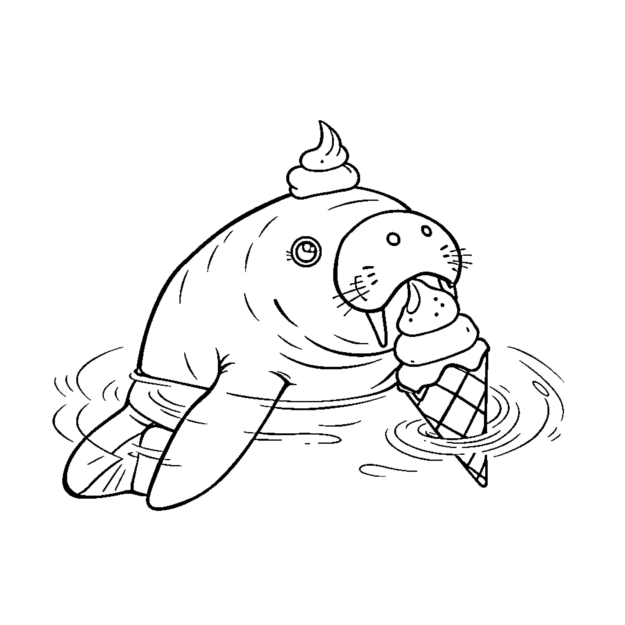 Manatee enjoying an ice cream cone in the water Coloring Page (free black-and-white line drawing printable PDF for all, from beginners to advanced learners, including children, teens, adults, and seniors)