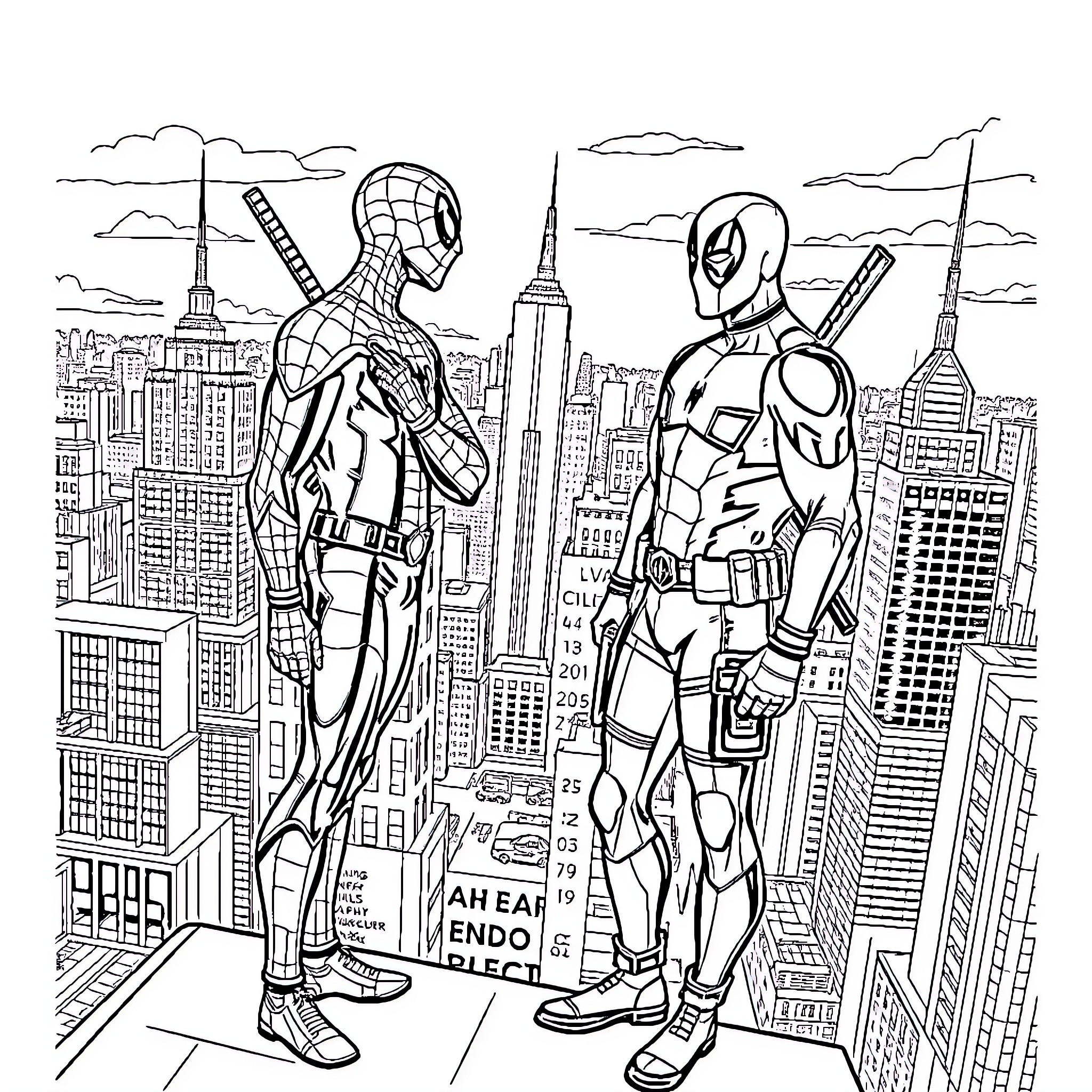 Spiderman and Deadpool overlooking the city skyline Coloring Page (free black-and-white line drawing printable PDF for all, from beginners to advanced learners, including children, teens, adults, and seniors)