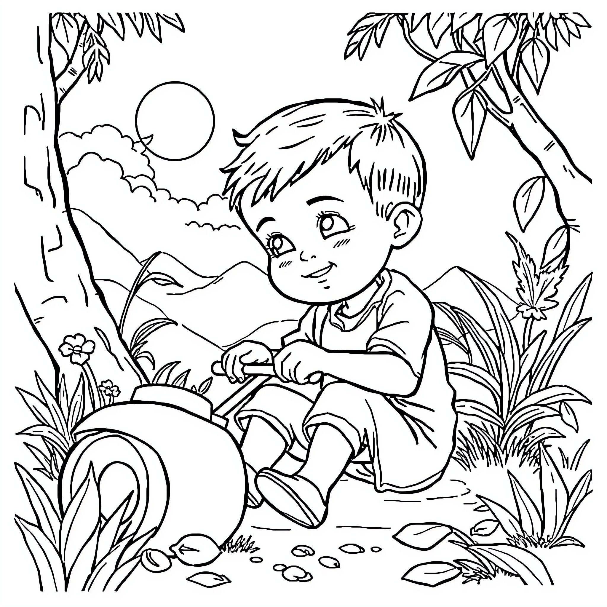 Anak exploring the lush outdoor scene Coloring Page (free black-and-white line drawing printable PDF for all, from beginners to advanced learners, including children, teens, adults, and seniors)