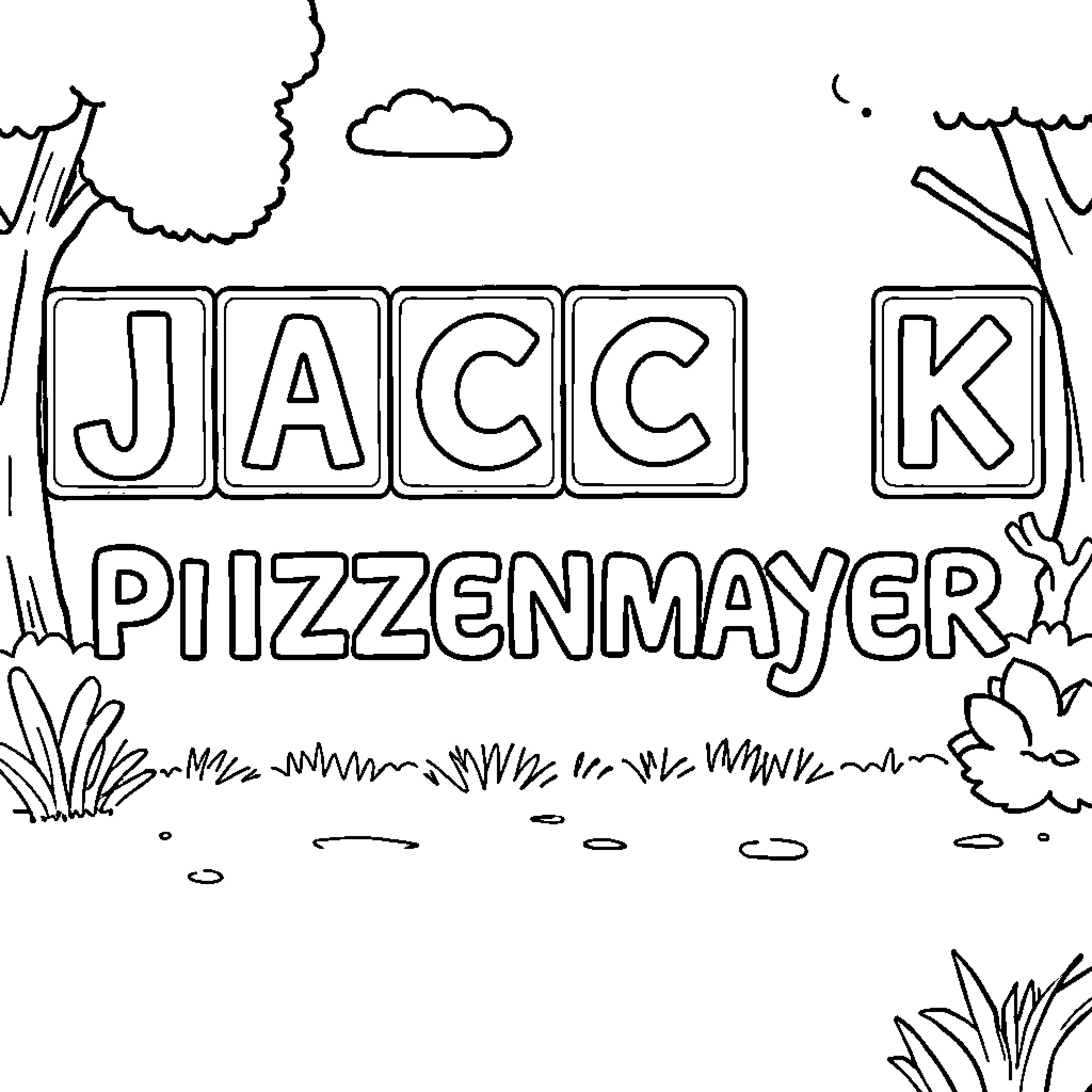 Alphablock letters spelling Jack Pizzenmayer Coloring Page (free black-and-white line drawing printable PDF for all, from beginners to advanced learners, including children, teens, adults, and seniors)
