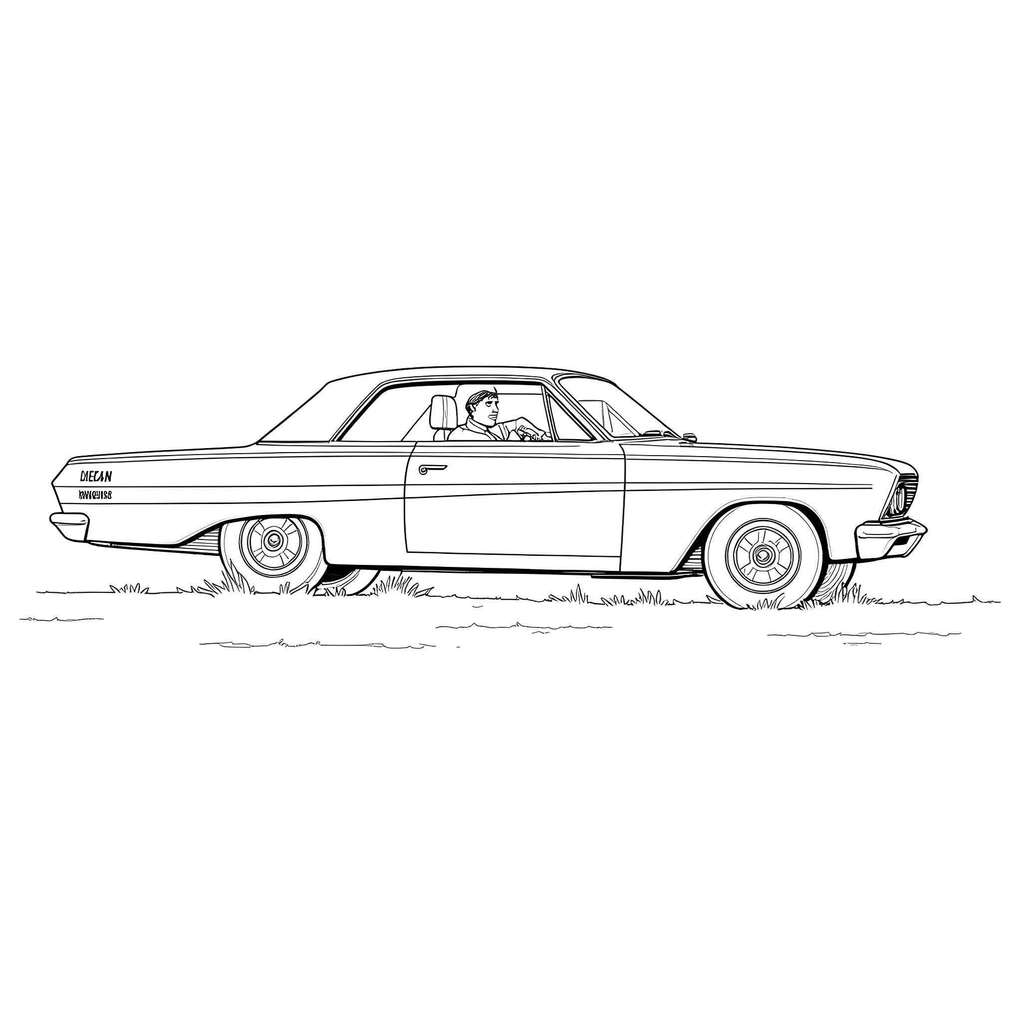 Dean Winchester's classic car on the road Coloring Page (free black-and-white line drawing printable PDF for all, from beginners to advanced learners, including children, teens, adults, and seniors)