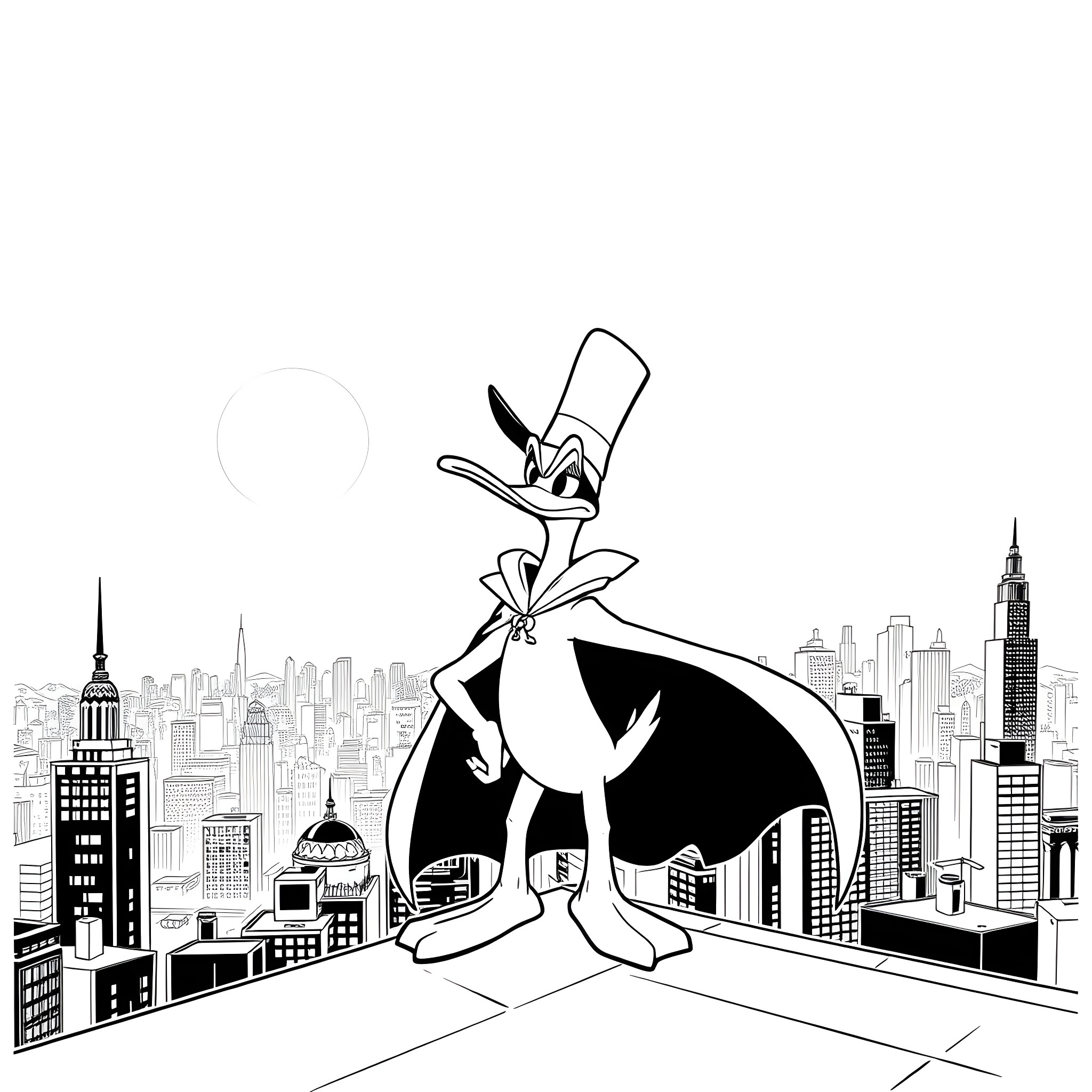 Darkwing Duck soaring over the city skyline Coloring Page (free black-and-white line drawing printable PDF for all, from beginners to advanced learners, including children, teens, adults, and seniors)