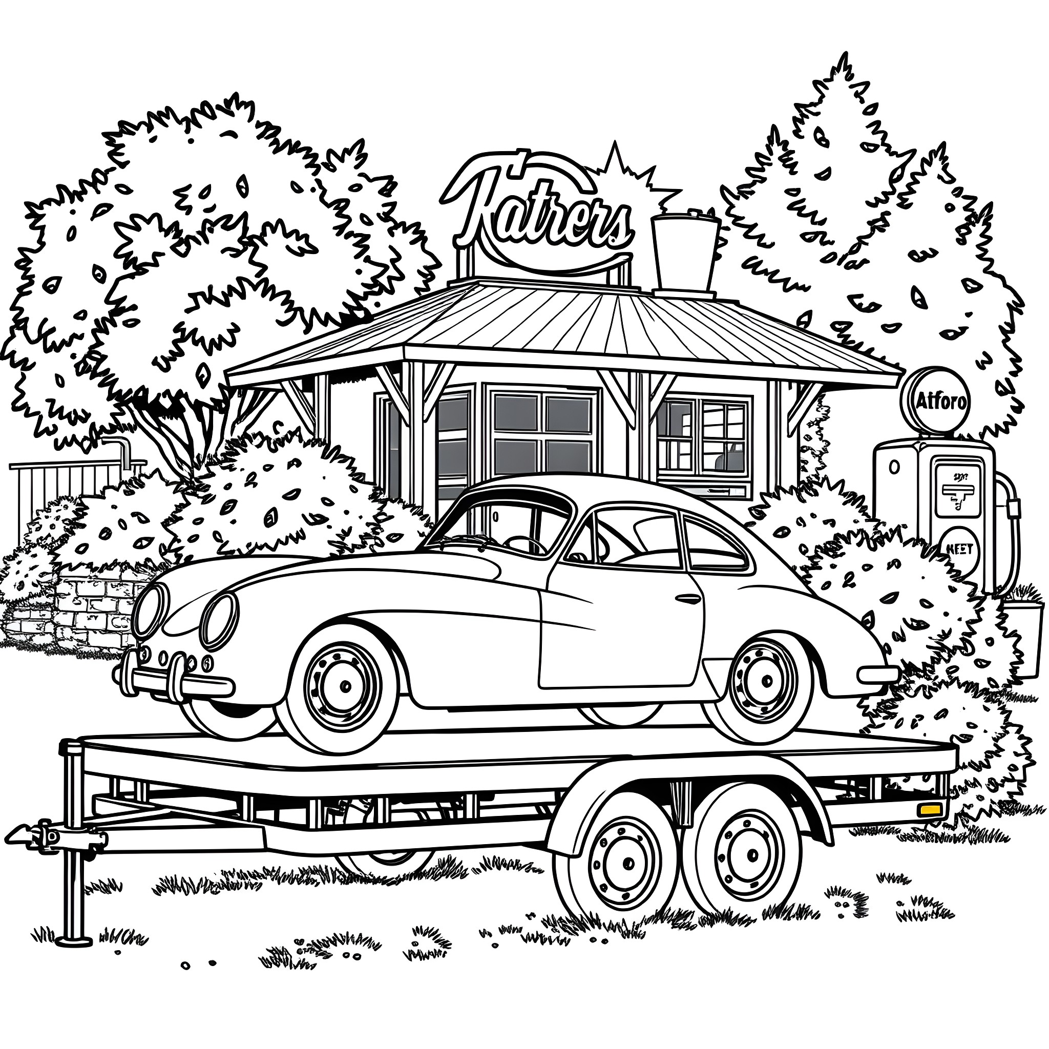 Classic Car Transported on Trailer to Repair Shop Coloring Page (free black-and-white line drawing printable PDF for all, from beginners to advanced learners, including children, teens, adults, and seniors)