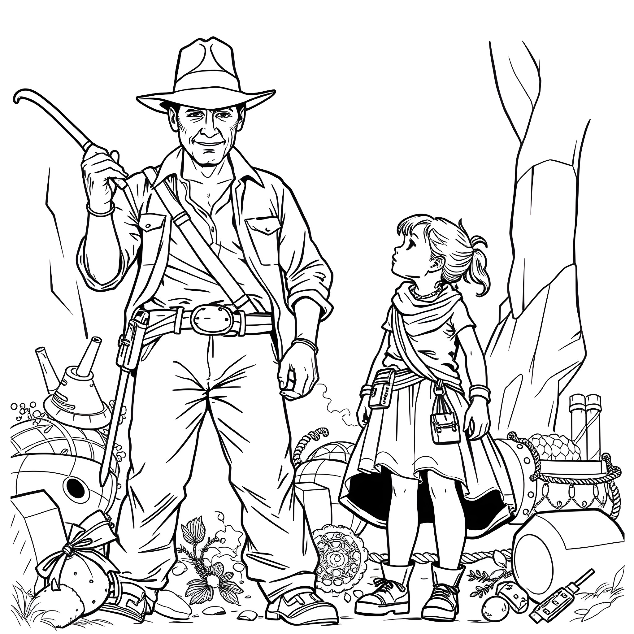 Indiana Jones and the Adventurous Archaeologist Duo Coloring Page (free black-and-white line drawing printable PDF for all, from beginners to advanced learners, including children, teens, adults, and seniors)