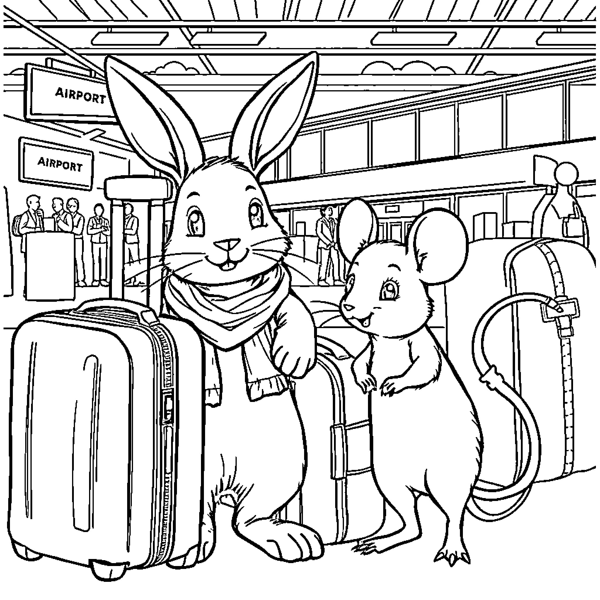 Rabbits Traveling with Luggage at Airport Coloring Page (free black-and-white line drawing printable PDF for all, from beginners to advanced learners, including children, teens, adults, and seniors)