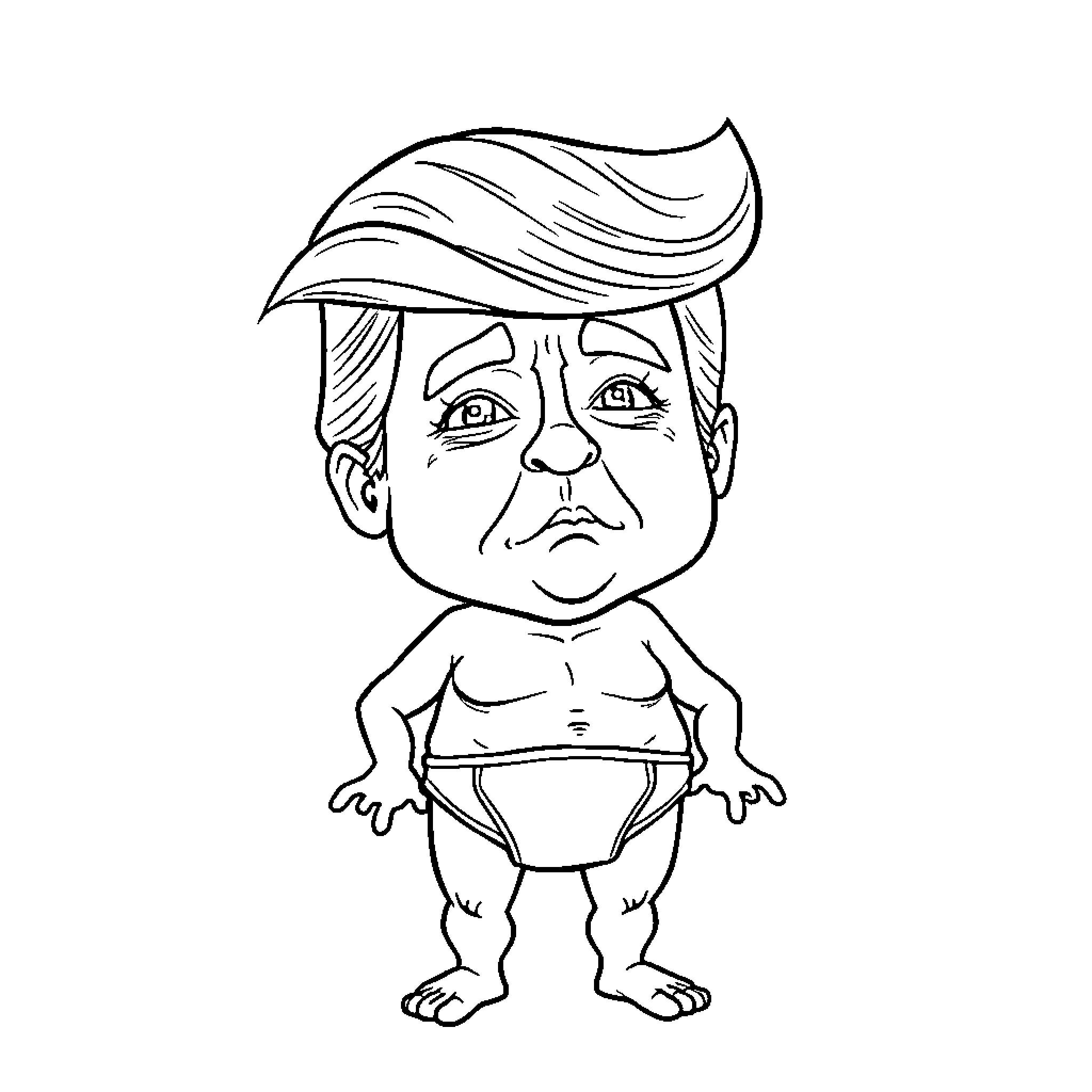 Donald Trump in Distressed Cartoon Expression Coloring Page (free black-and-white line drawing printable PDF for all, from beginners to advanced learners, including children, teens, adults, and seniors)