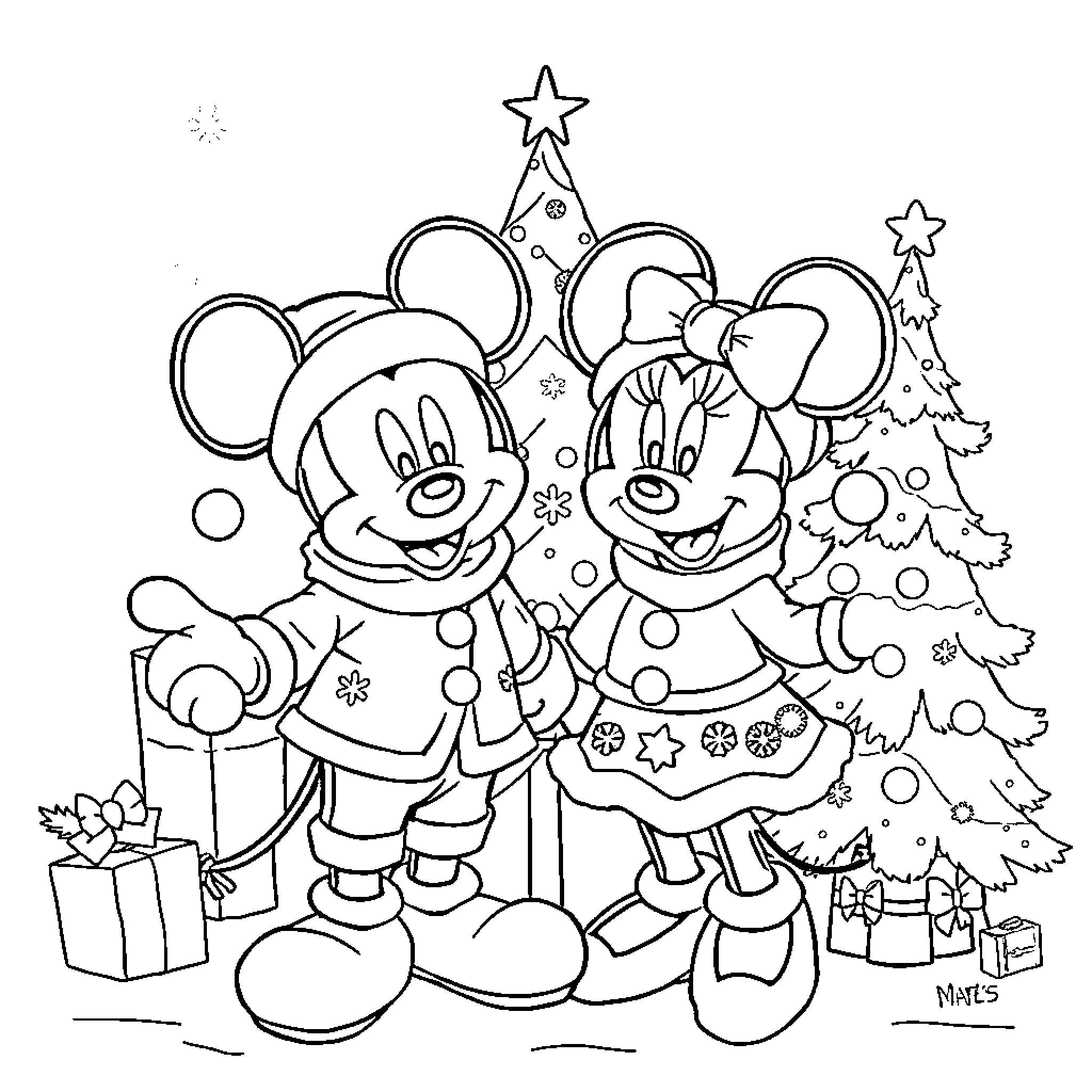Mickey and Minnie celebrate Christmas joyfully Coloring Page (free black-and-white line drawing printable PDF for all, from beginners to advanced learners, including children, teens, adults, and seniors)