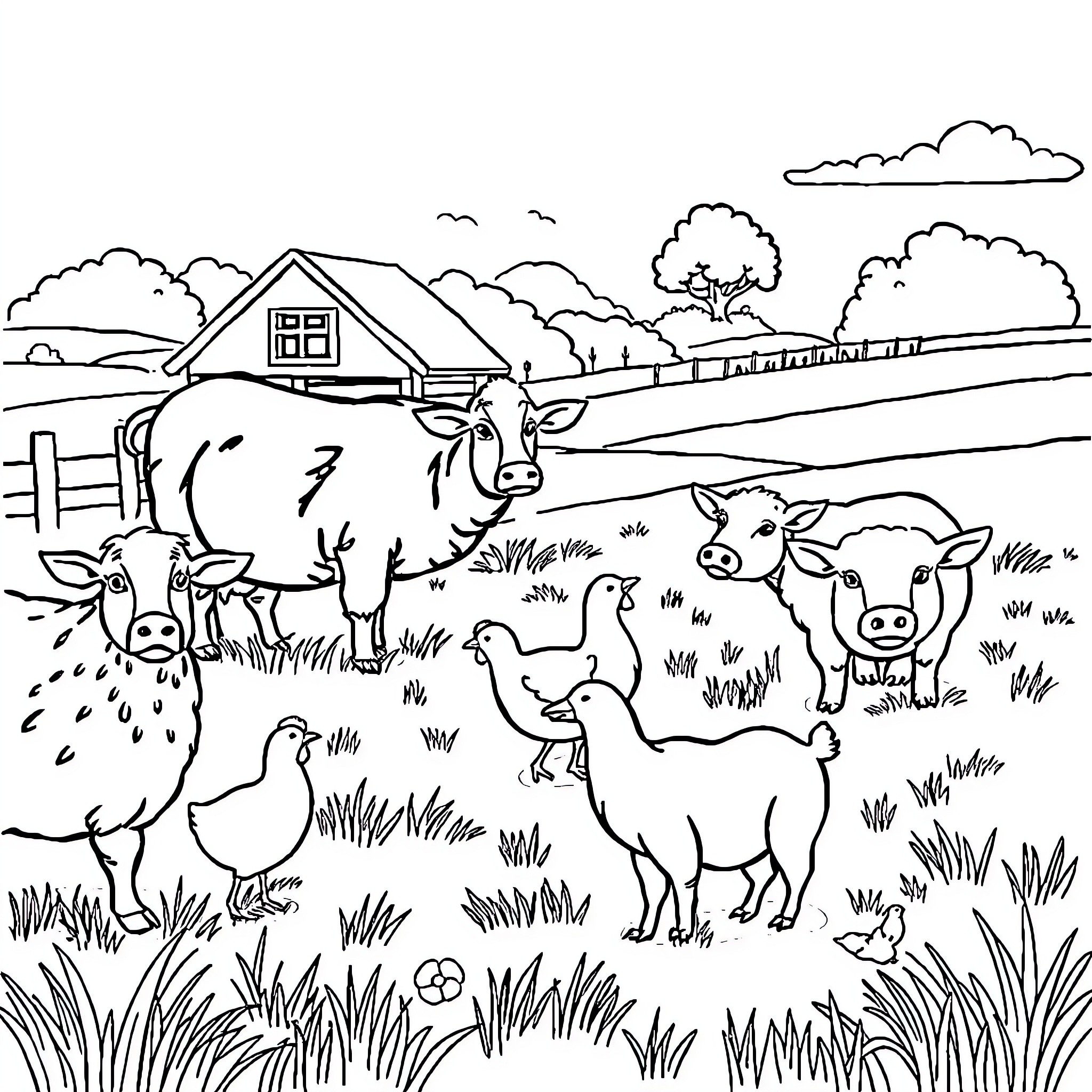 Farm Animal Gathering on the Countryside Coloring Page (free black-and-white line drawing printable PDF for all, from beginners to advanced learners, including children, teens, adults, and seniors)