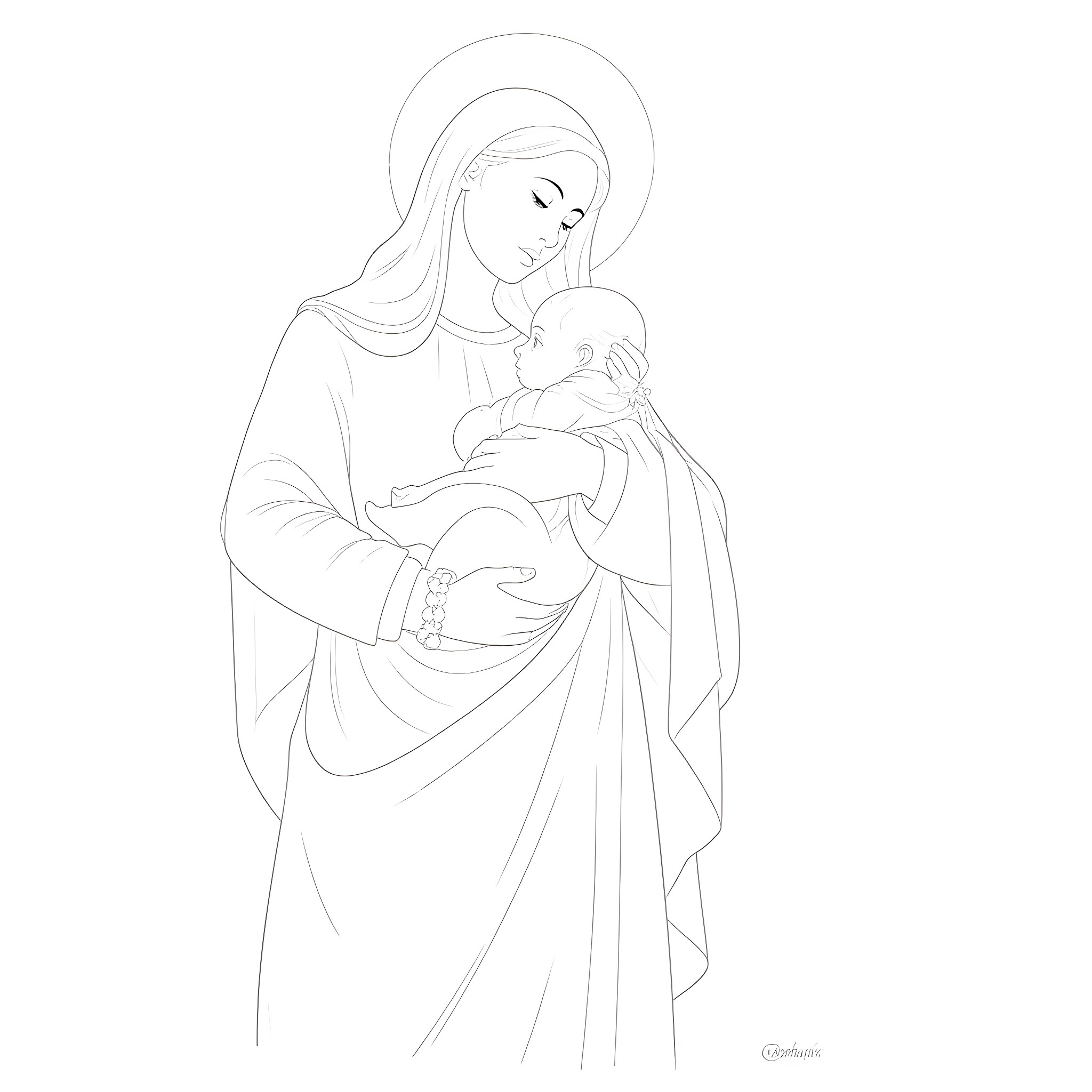 Mary tenderly holding and comforting her child Coloring Page (free black-and-white line drawing printable PDF for all, from beginners to advanced learners, including children, teens, adults, and seniors)