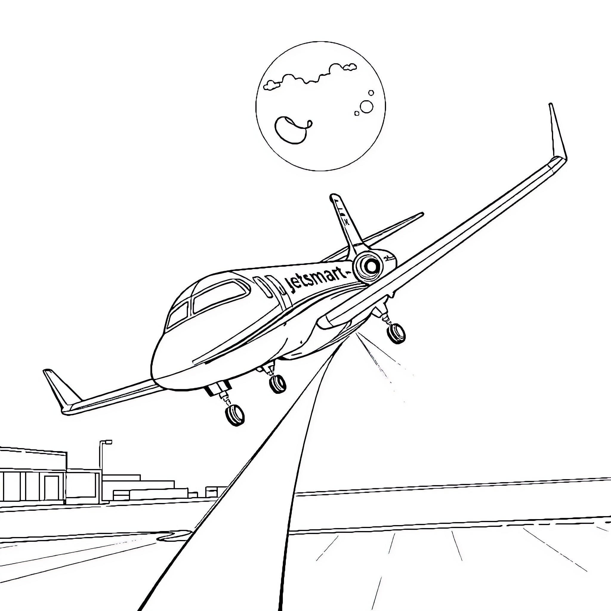 Avión taking off from airport runway Coloring Page (free black-and-white line drawing printable PDF for all, from beginners to advanced learners, including children, teens, adults, and seniors)