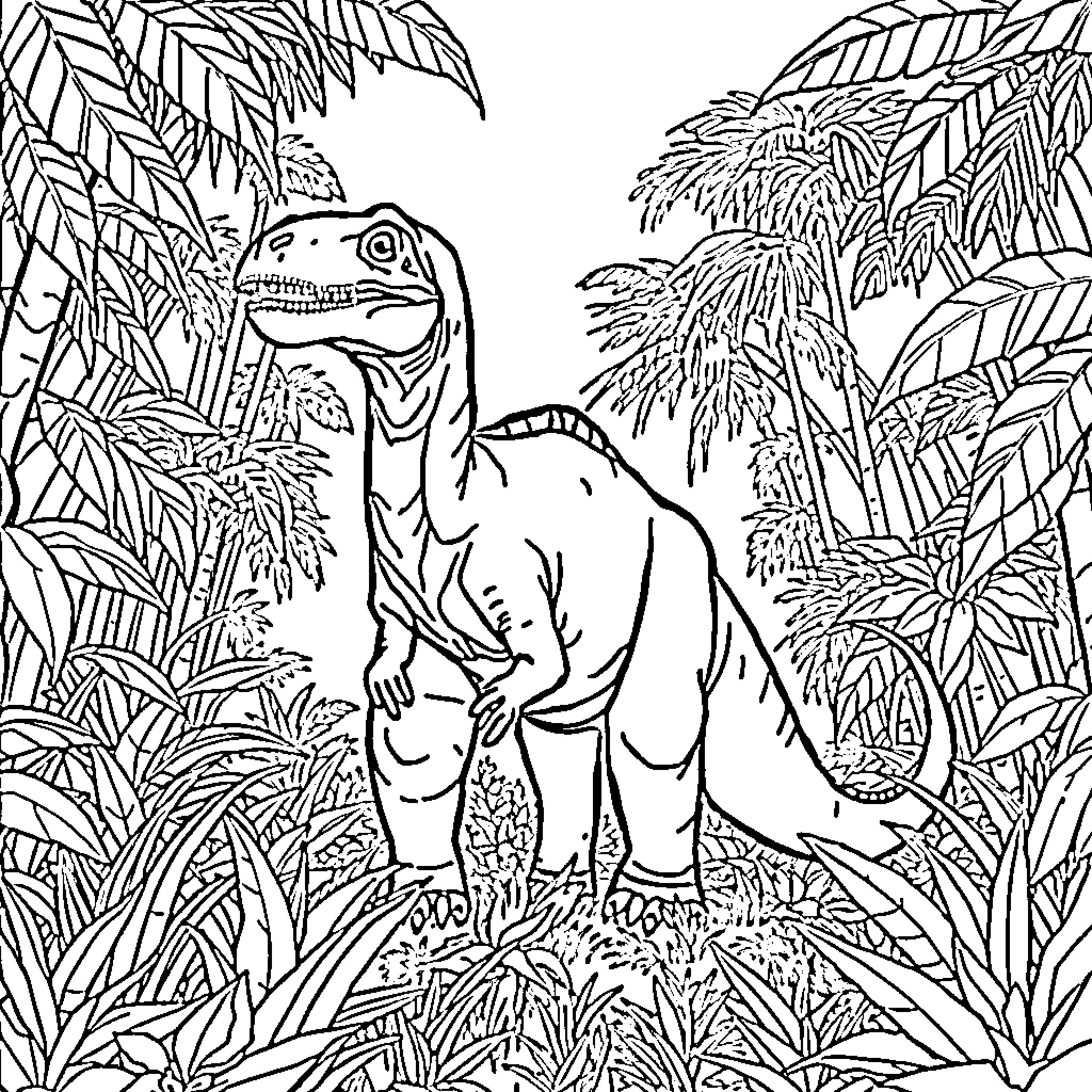 Dinosaur exploring the lush jungle landscape Coloring Page (free black-and-white line drawing printable PDF for all, from beginners to advanced learners, including children, teens, adults, and seniors)