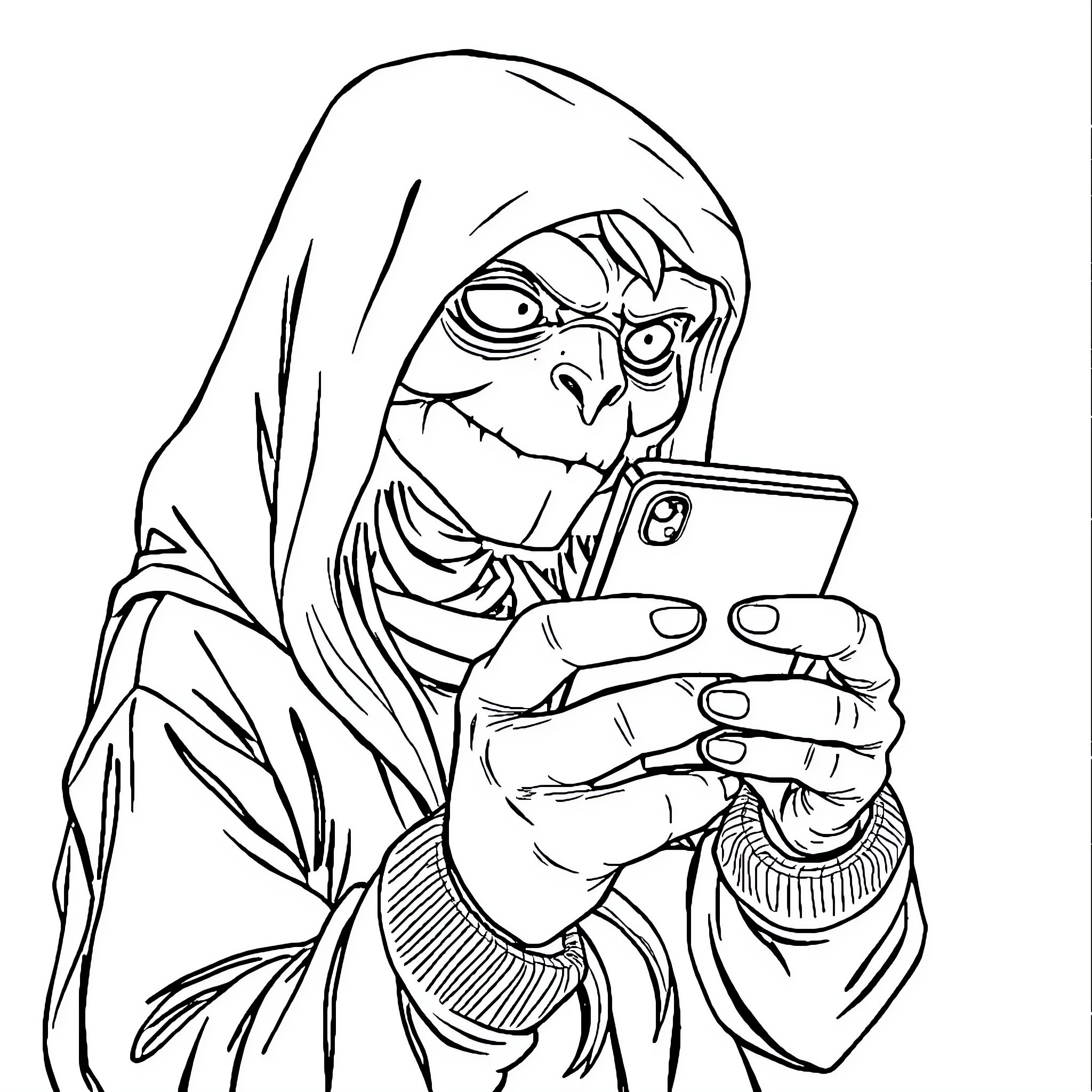 Phone-wielding figure in mysterious hooded outfit Coloring Page (free black-and-white line drawing printable PDF for all, from beginners to advanced learners, including children, teens, adults, and seniors)