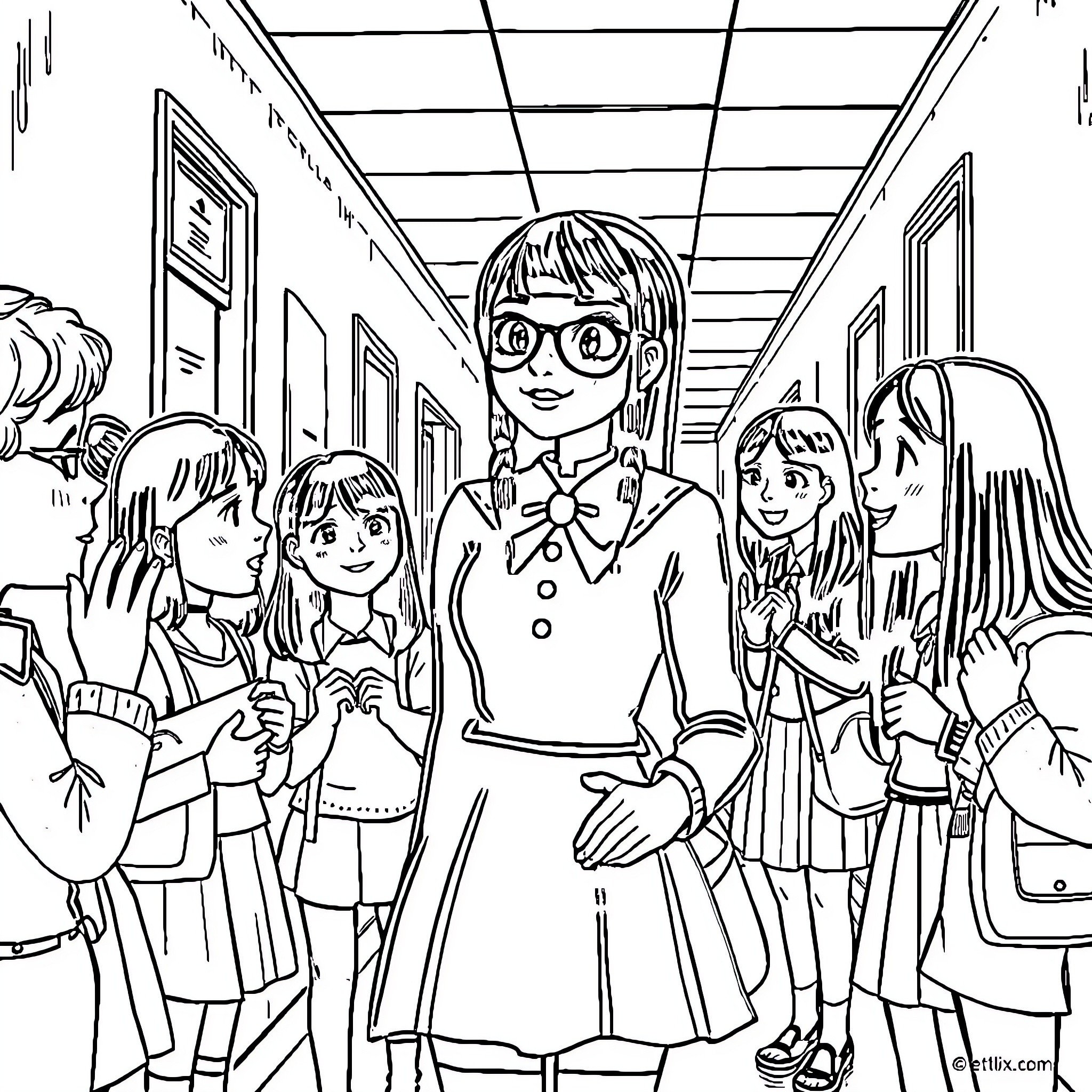Wednesday group of students in school hallway Coloring Page (free black-and-white line drawing printable PDF for all, from beginners to advanced learners, including children, teens, adults, and seniors)