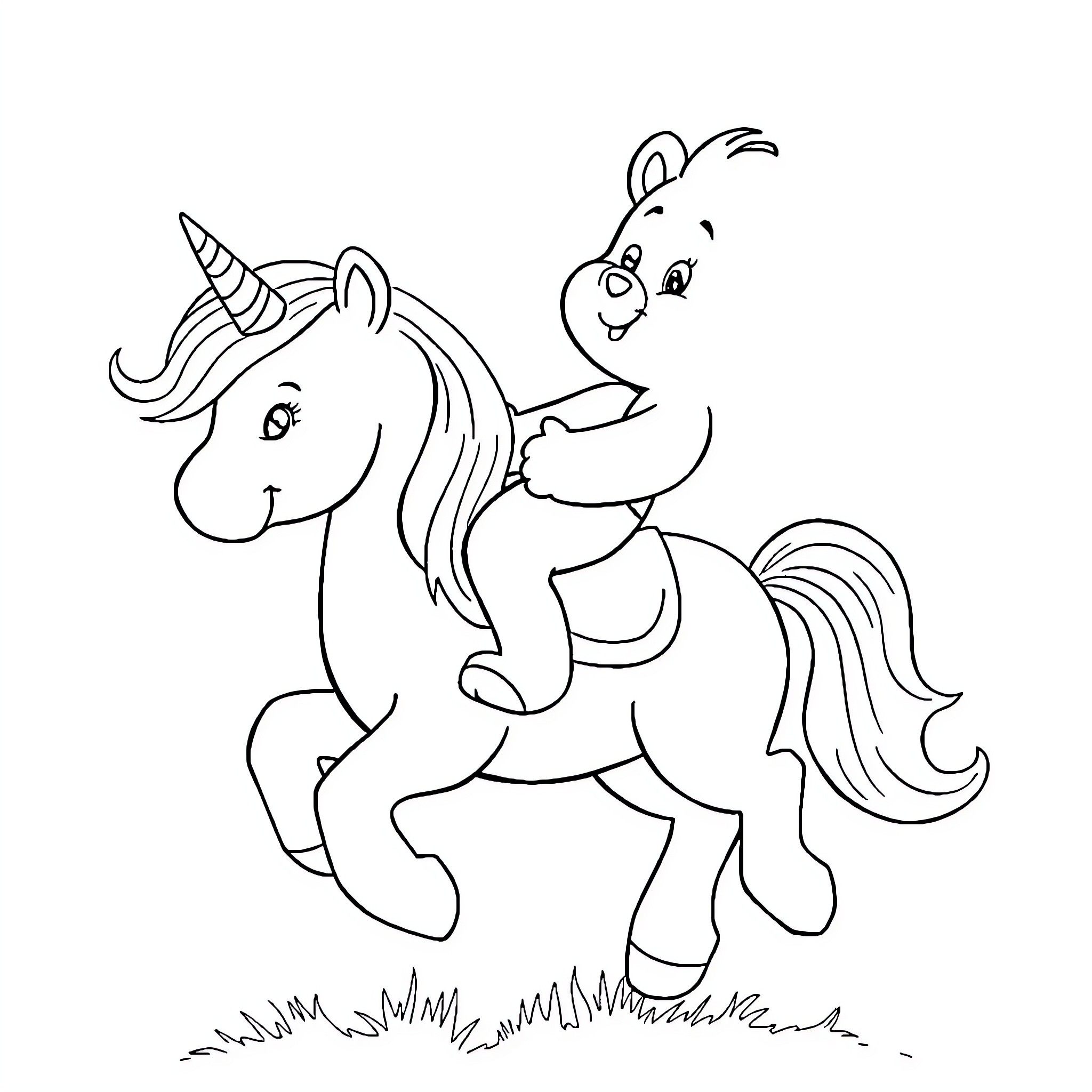 Care Bear riding a magical unicorn in the field Coloring Page (free black-and-white line drawing printable PDF for all, from beginners to advanced learners, including children, teens, adults, and seniors)