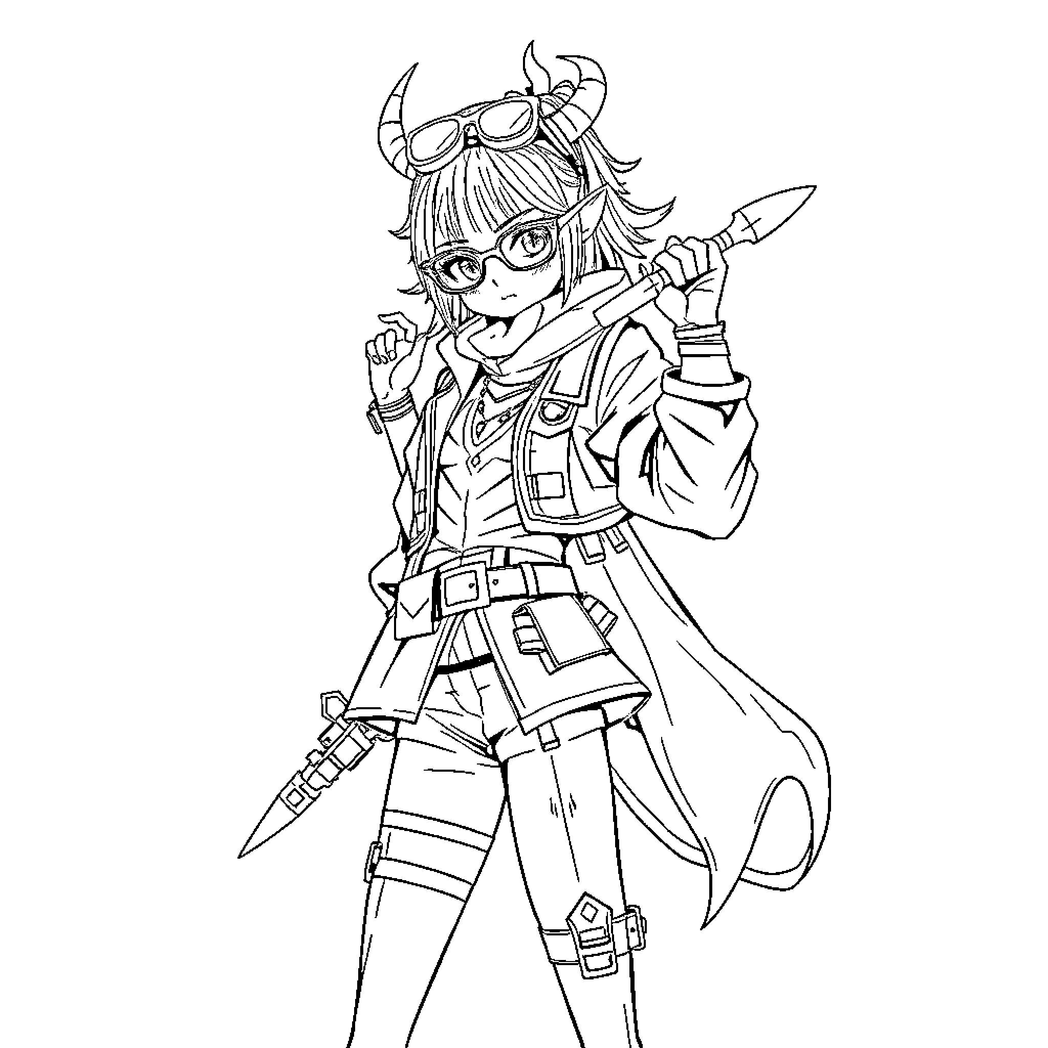 Zoey the Energetic Monster Hunter Coloring Page (free black-and-white line drawing printable PDF for all, from beginners to advanced learners, including children, teens, adults, and seniors)