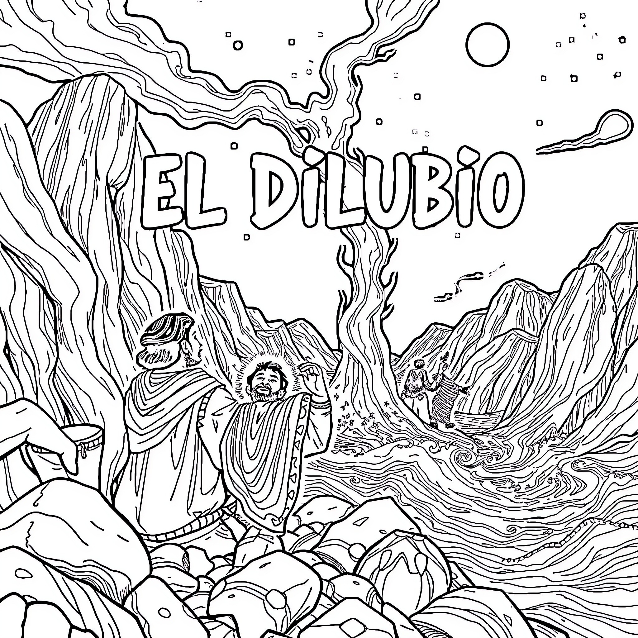 Diluvio - Surreal Landscape with Figures and Swirling Patterns Coloring Page (free black-and-white line drawing printable PDF for all, from beginners to advanced learners, including children, teens, adults, and seniors)