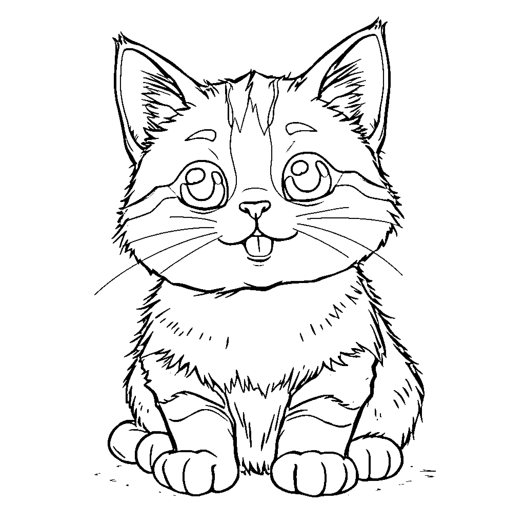 S'mores Cat happily enjoying a cozy moment Coloring Page (free black-and-white line drawing printable PDF for all, from beginners to advanced learners, including children, teens, adults, and seniors)