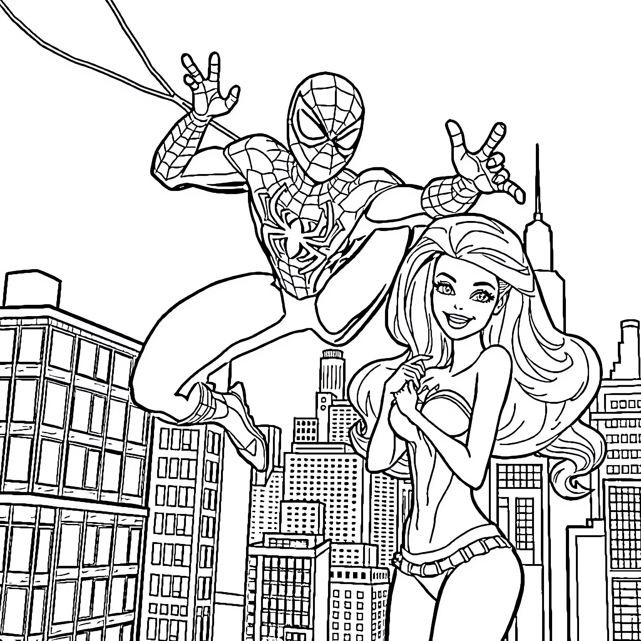 Spiderman saves the city with a female companion Coloring Page (free black-and-white line drawing printable PDF for all, from beginners to advanced learners, including children, teens, adults, and seniors)